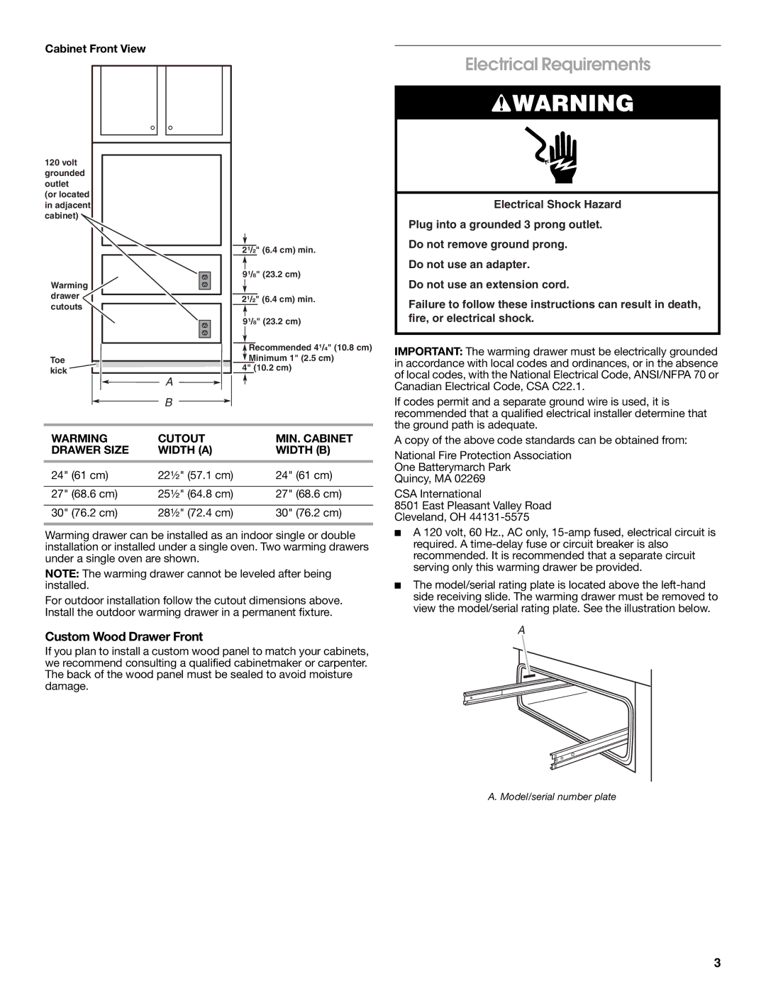 Whirlpool 9763140B installation instructions Electrical Requirements, Custom Wood Drawer Front, Cabinet Front View 