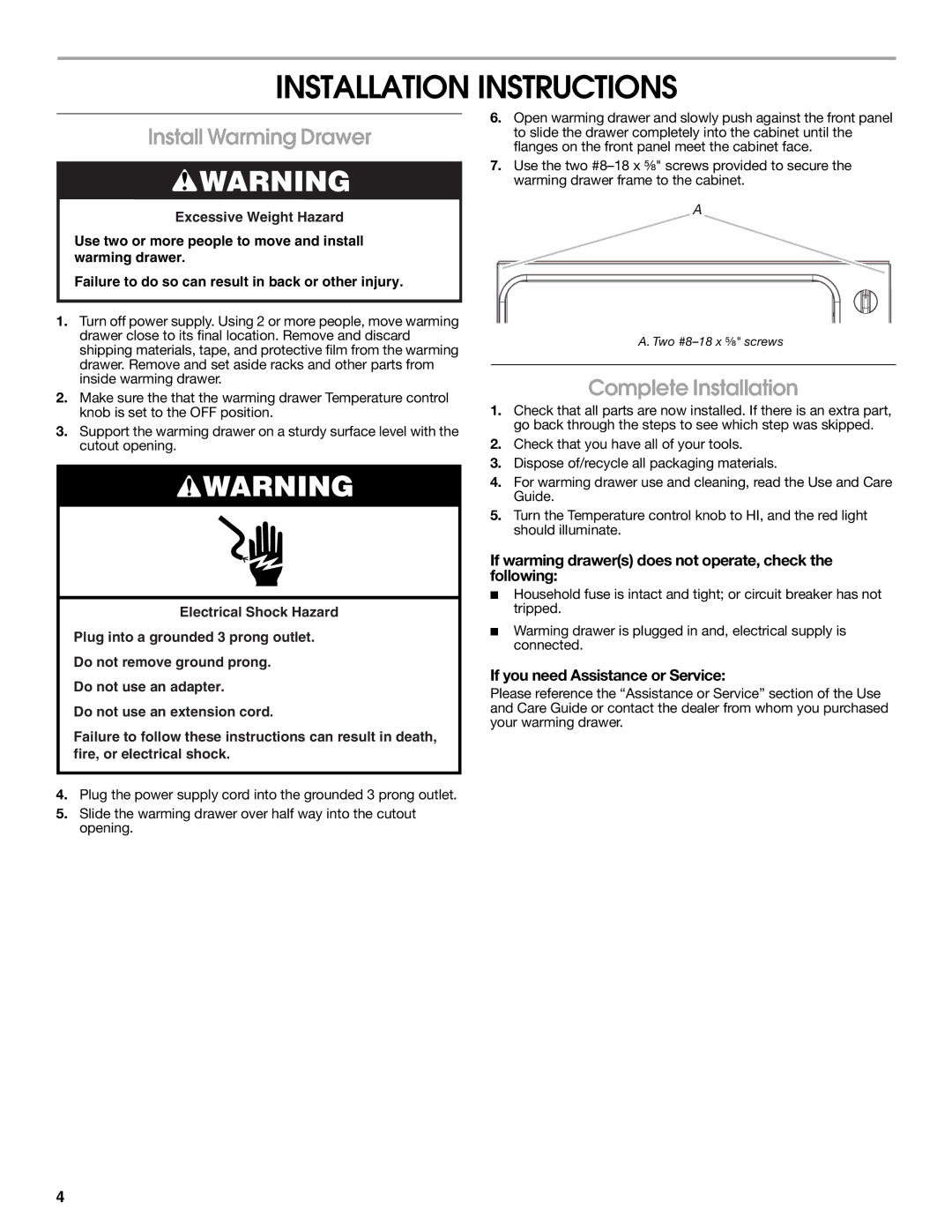 Whirlpool 9763140B installation instructions Installation Instructions, Install Warming Drawer, Complete Installation 