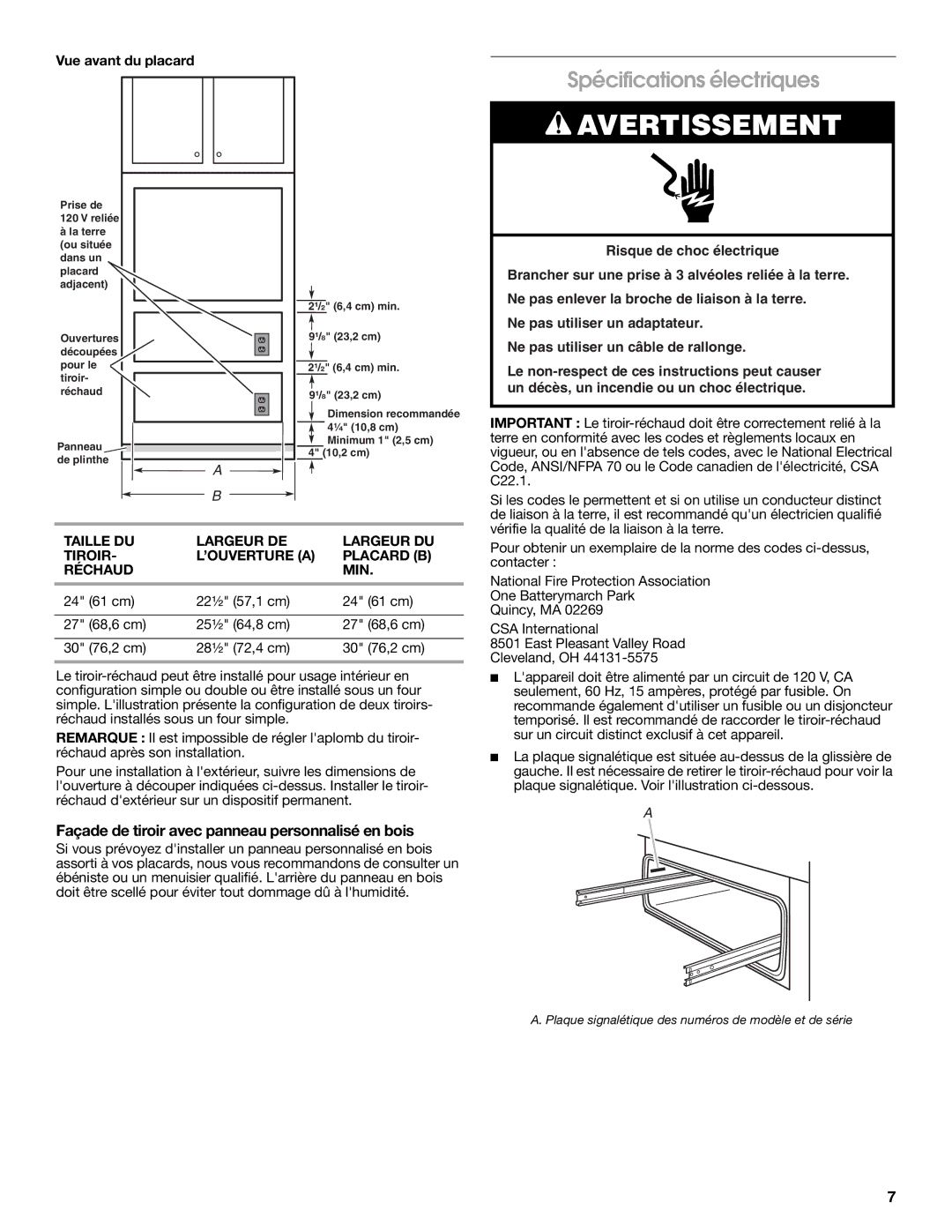 Whirlpool 9763140B Spécifications électriques, Façade de tiroir avec panneau personnalisé en bois, Vue avant du placard 