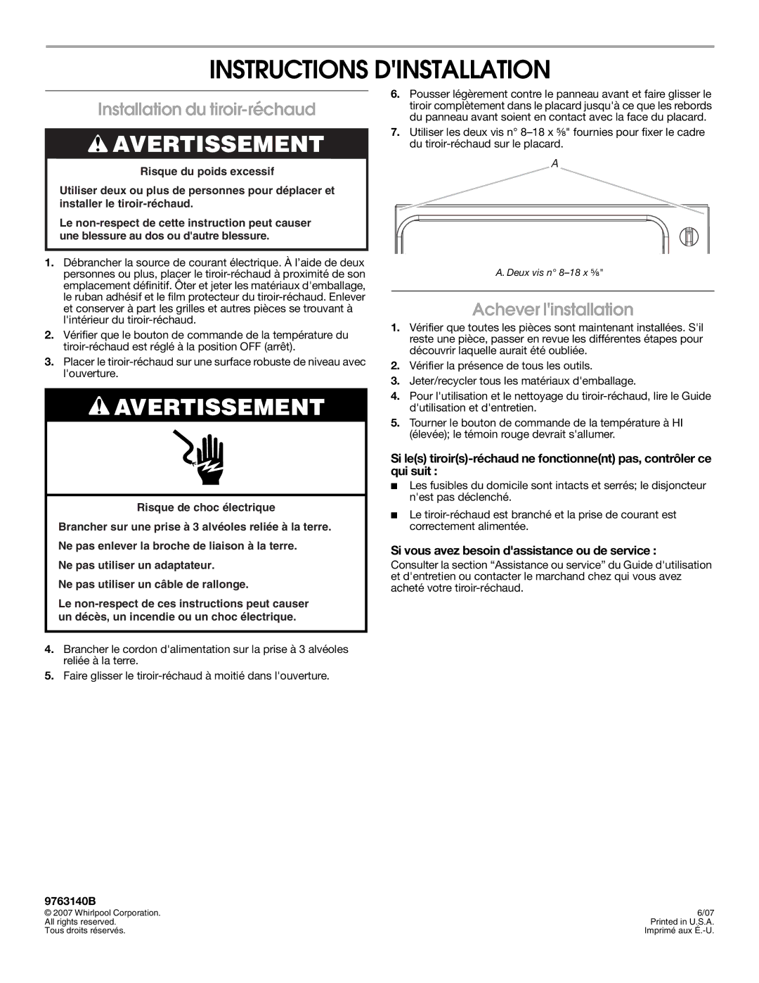 Whirlpool 9763140B Instructions Dinstallation, Installation du tiroir-réchaud, Achever linstallation 