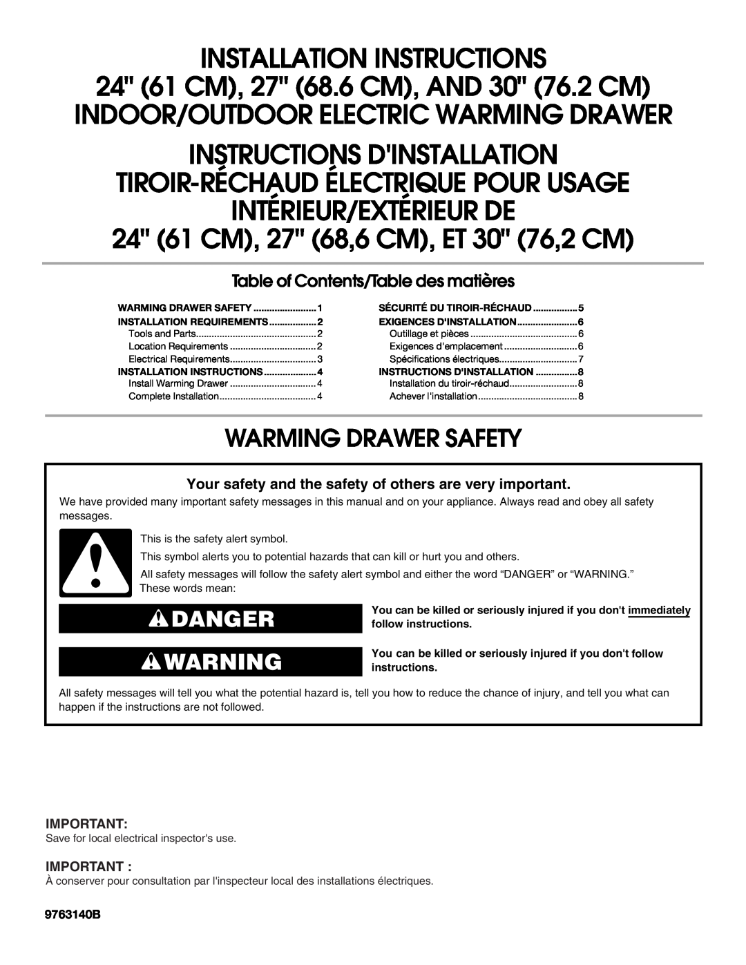 Whirlpool 9763140B installation instructions Warming Drawer Safety, Danger, 24 61 CM, 27 68,6 CM, ET 30 76,2 CM 
