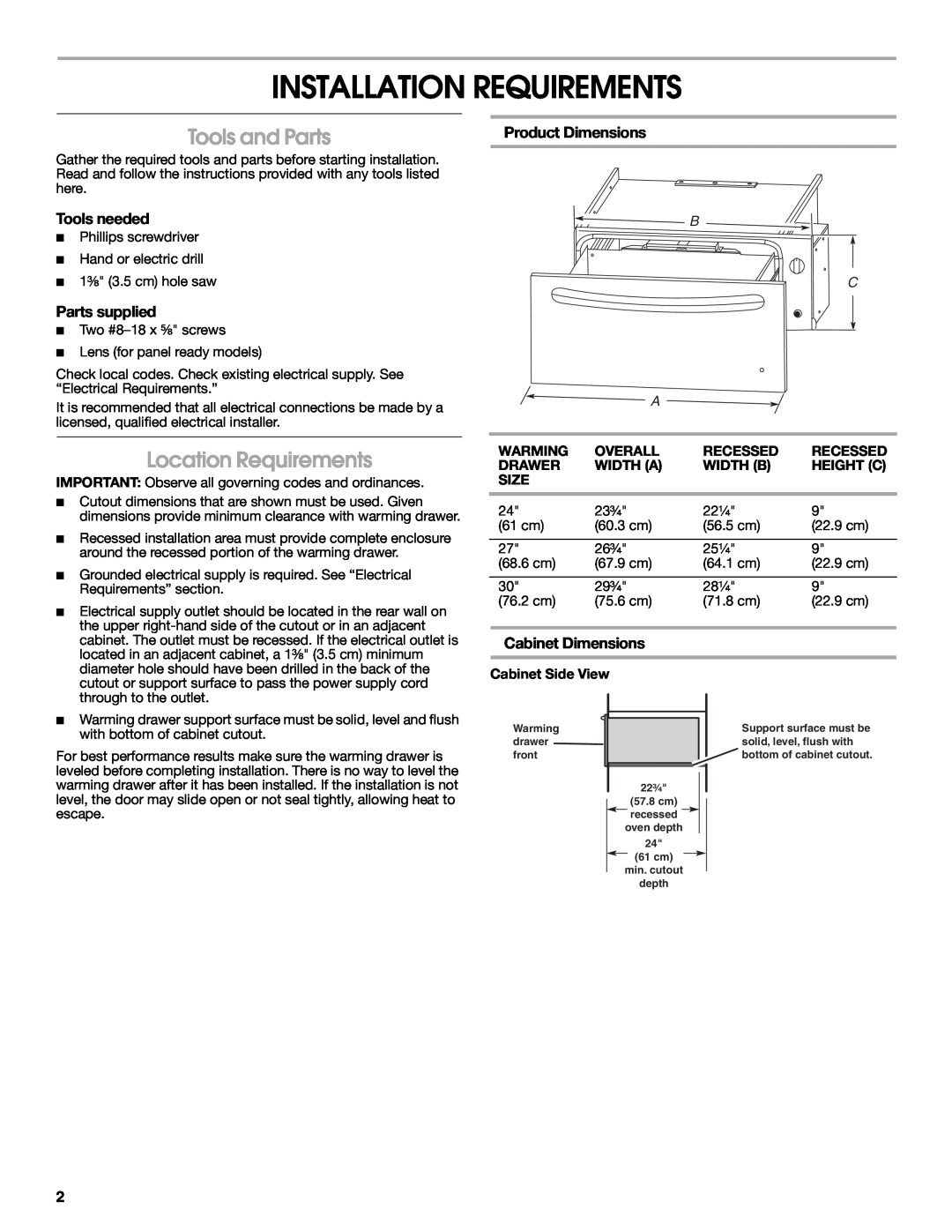Whirlpool 9763140B Installation Requirements, Tools and Parts, Location Requirements, Tools needed, Parts supplied, B C A 