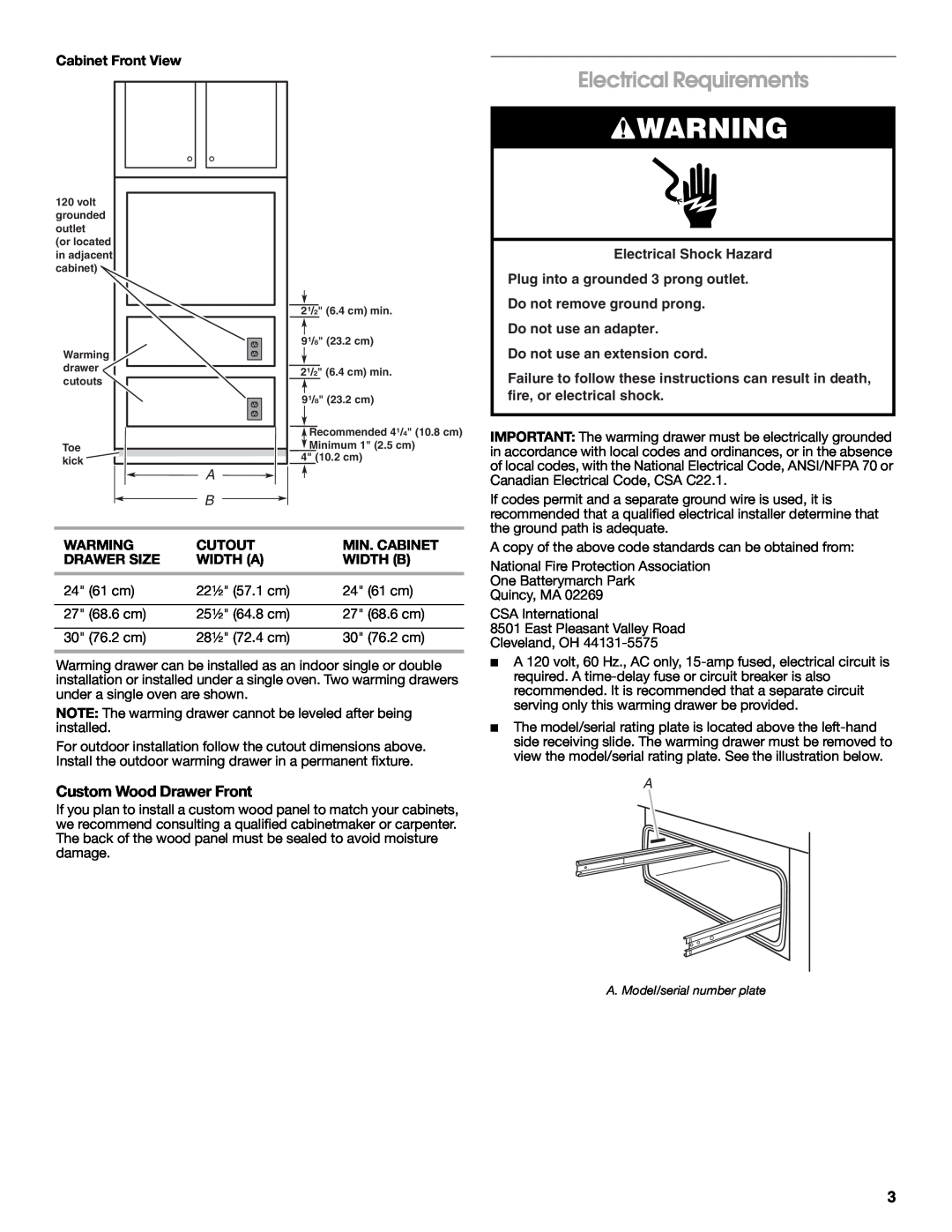 Whirlpool 9763140B installation instructions Electrical Requirements, Custom Wood Drawer Front 