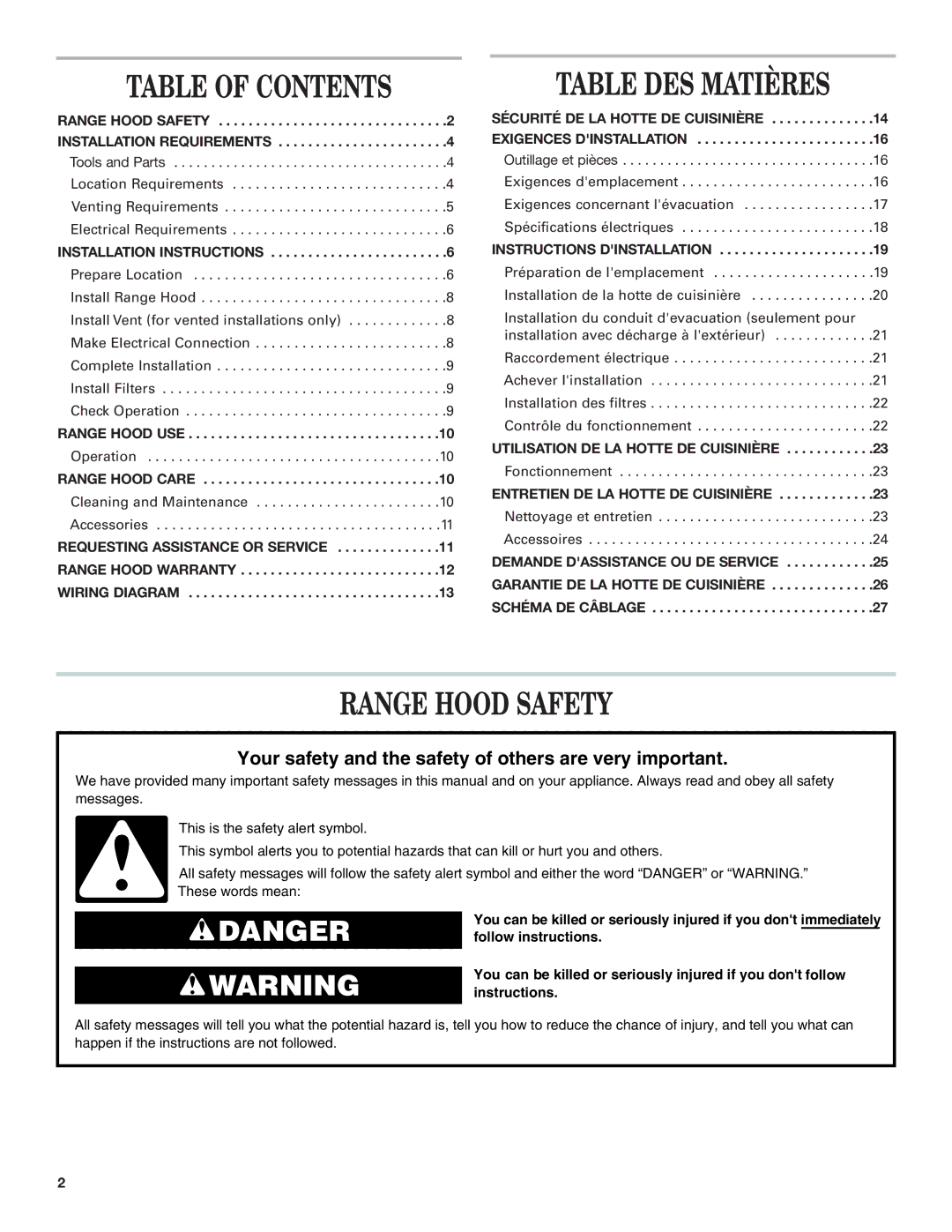 Whirlpool 9763375 installation instructions Table of Contents, Table DES Matières, Range Hood Safety 