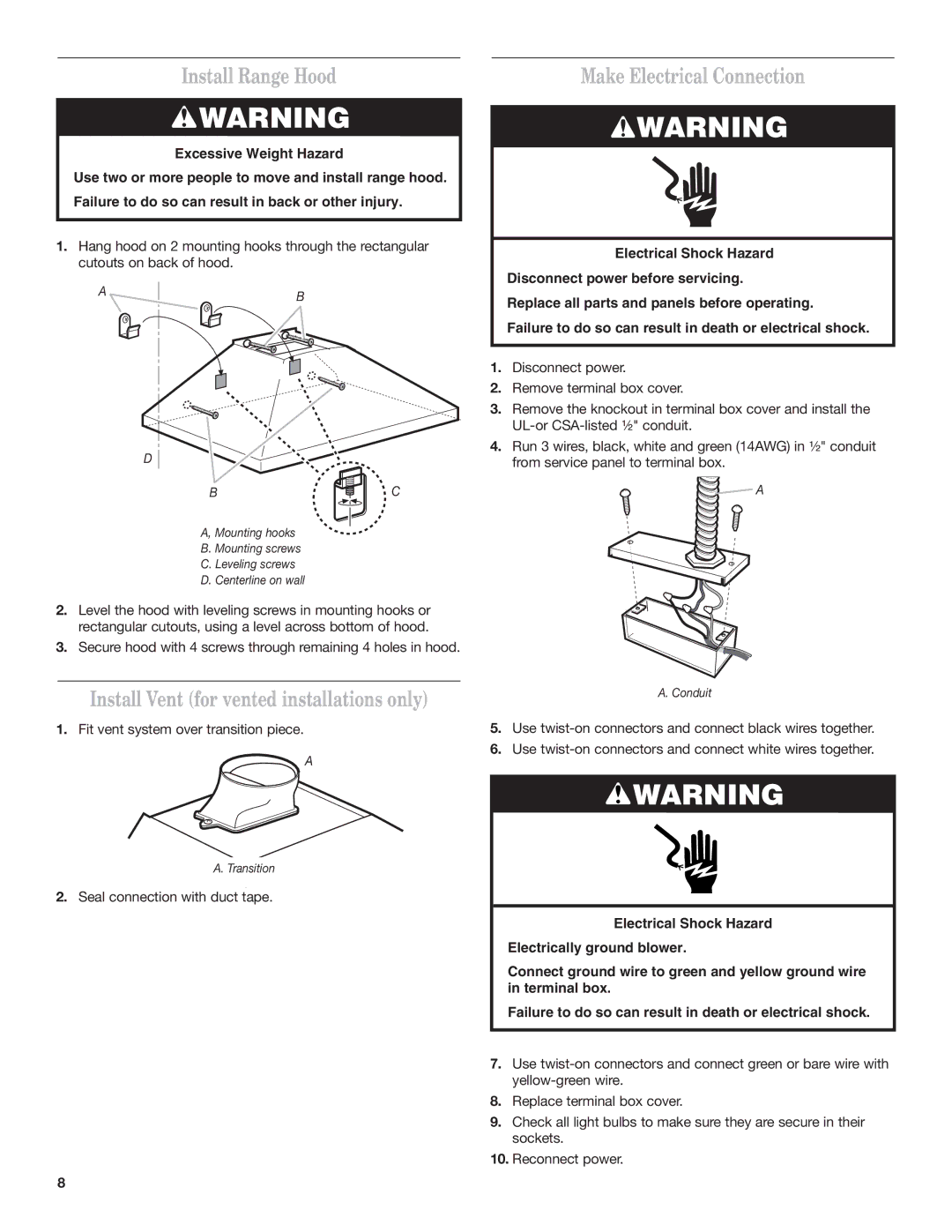 Whirlpool 9763375 Install Range Hood, Install Vent for vented installations only, Make Electrical Connection 