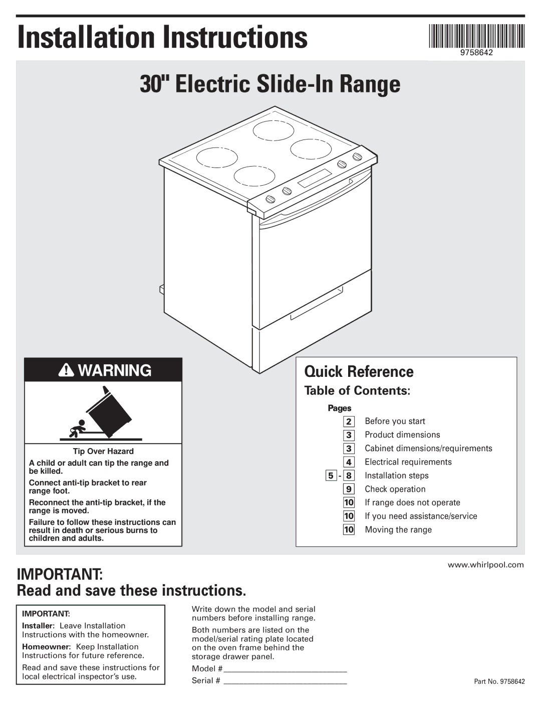 Whirlpool 9.76E+13 installation instructions Installation Instructions, Table of Contents 