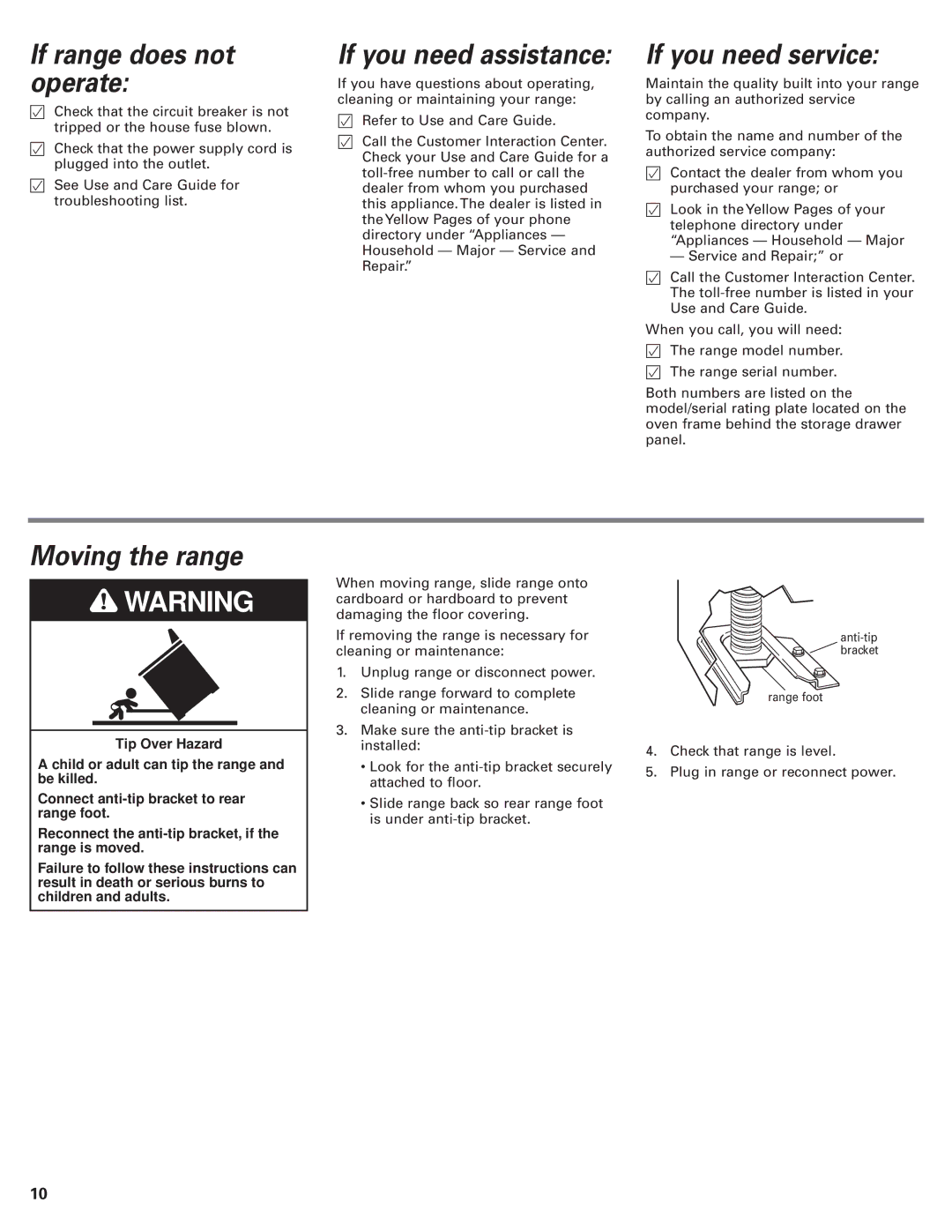 Whirlpool 9.76E+13 If range does not operate, If you need assistance, If you need service, Moving the range 