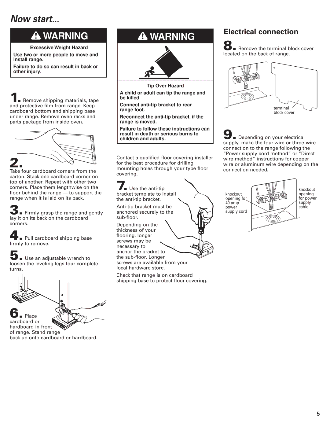 Whirlpool 9.76E+13 installation instructions Now start, Electrical connection 