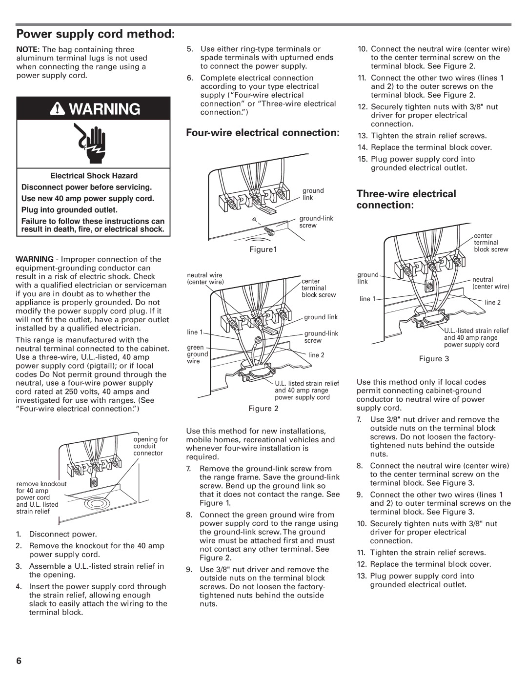 Whirlpool 9.76E+13 Power supply cord method, Four-wire electrical connection, Three-wire electrical connection 