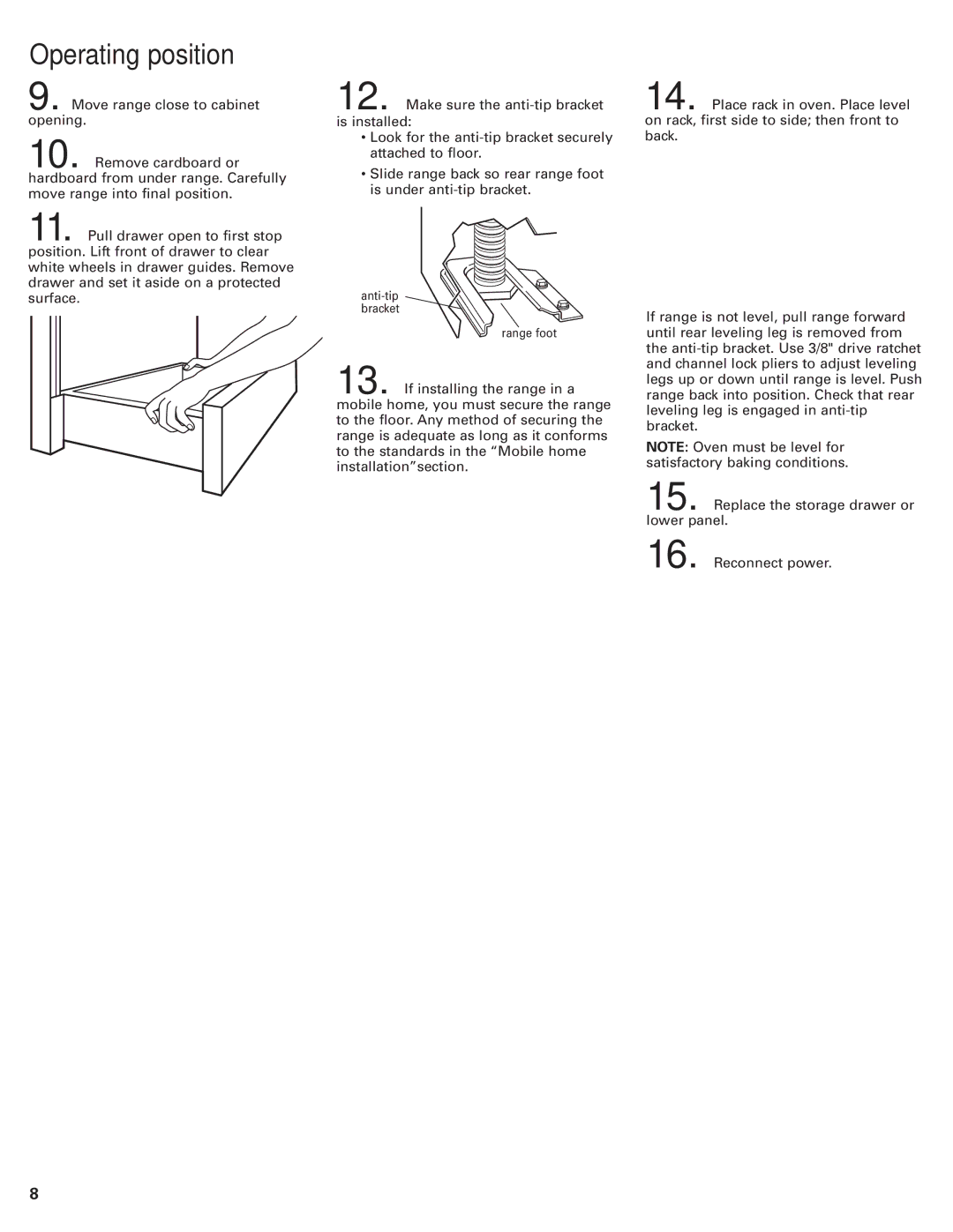 Whirlpool 9.76E+13 installation instructions Operating position 