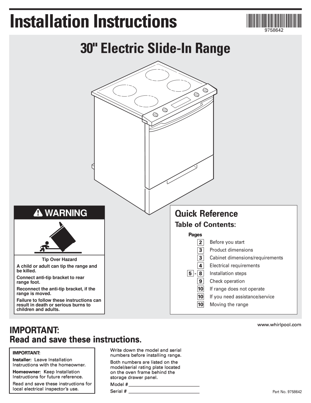 Whirlpool 9.76E+13 installation instructions Table of Contents, Connect anti-tip bracket to rear range foot, 9757, Pages 