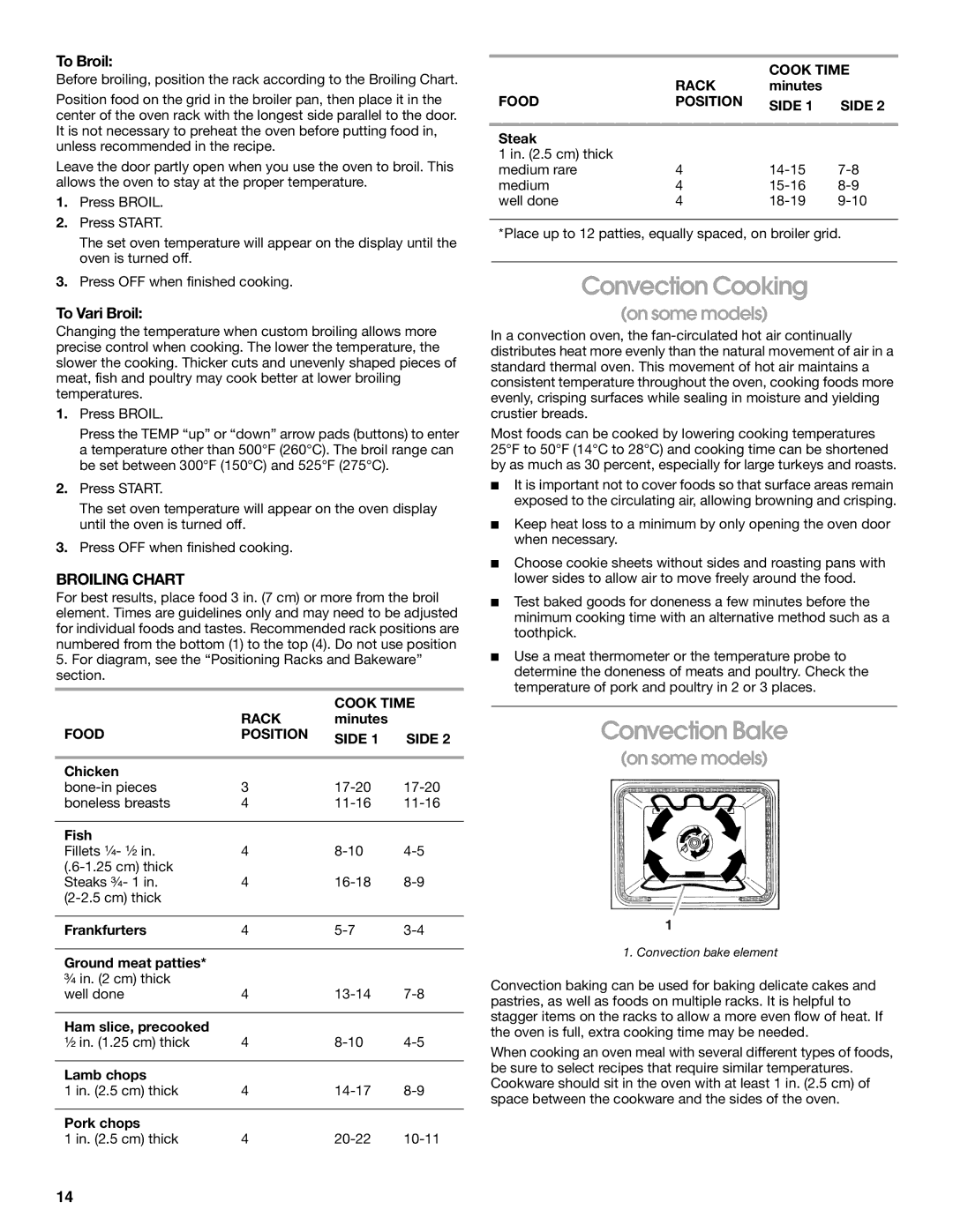 Whirlpool 9782474A manual Convection Cooking, Convection Bake, To Broil, To Vari Broil, Broiling Chart 