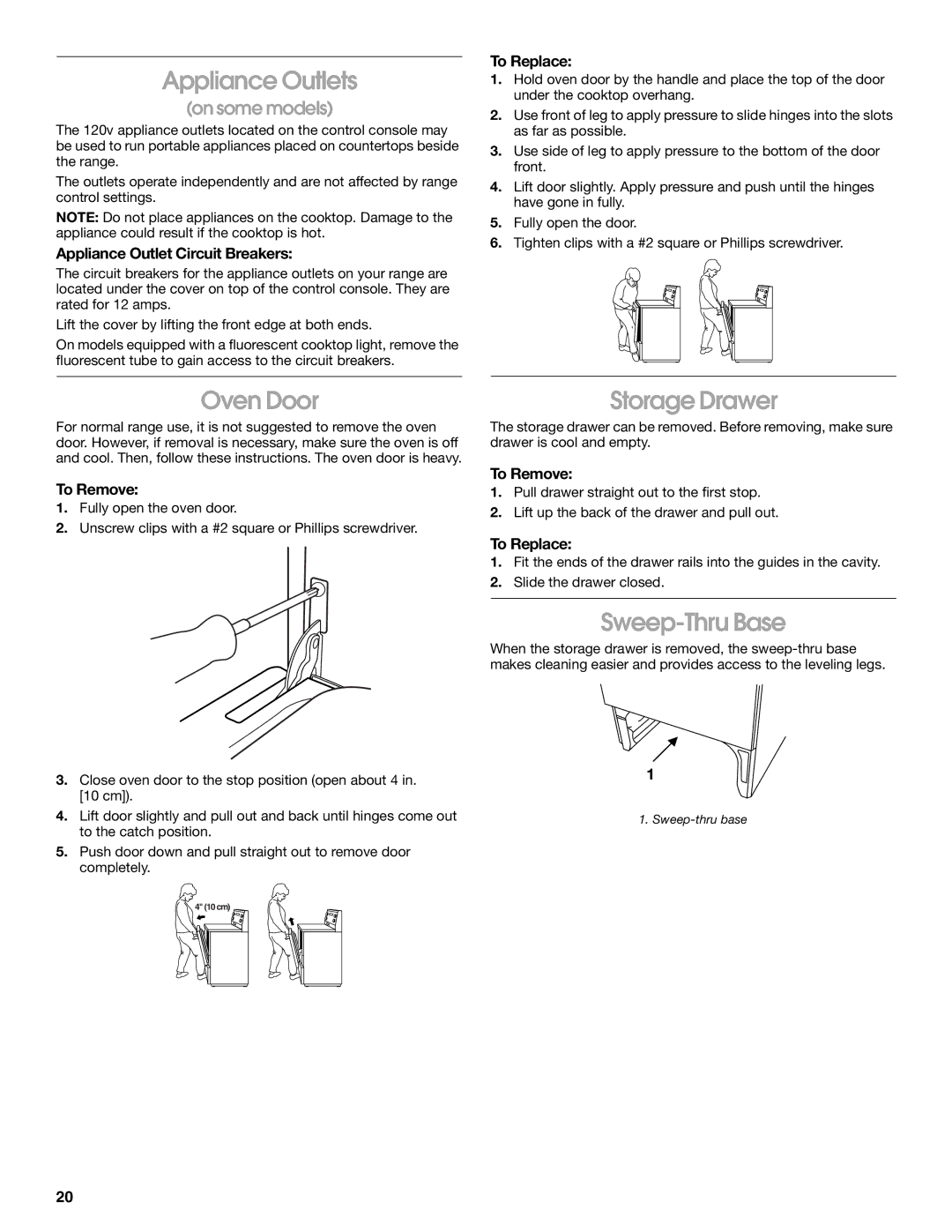 Whirlpool 9782474A manual Appliance Outlets, Oven Door, Storage Drawer, Sweep-Thru Base, Appliance Outlet Circuit Breakers 