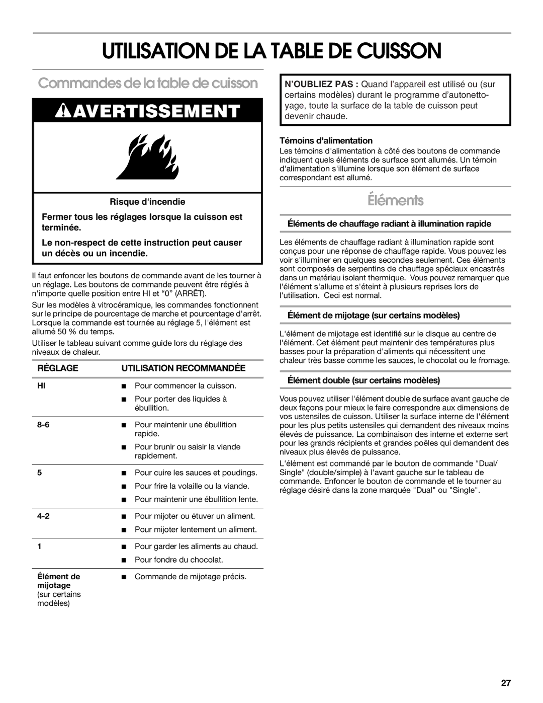 Whirlpool 9782474A manual Utilisation DE LA Table DE Cuisson, Commandes de la table de cuisson, Éléments 