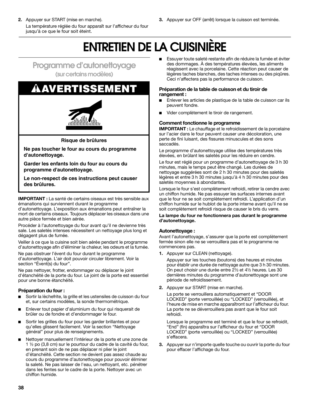 Whirlpool 9782474A manual Entretien DE LA Cuisinière, Programme d’autonettoyage, Préparation du four, Autonettoyage 