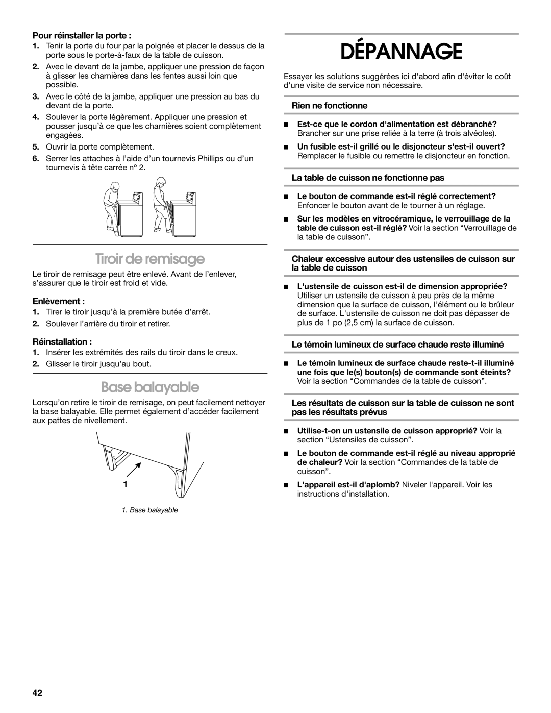 Whirlpool 9782474A manual Dépannage, Tiroir de remisage, Base balayable 