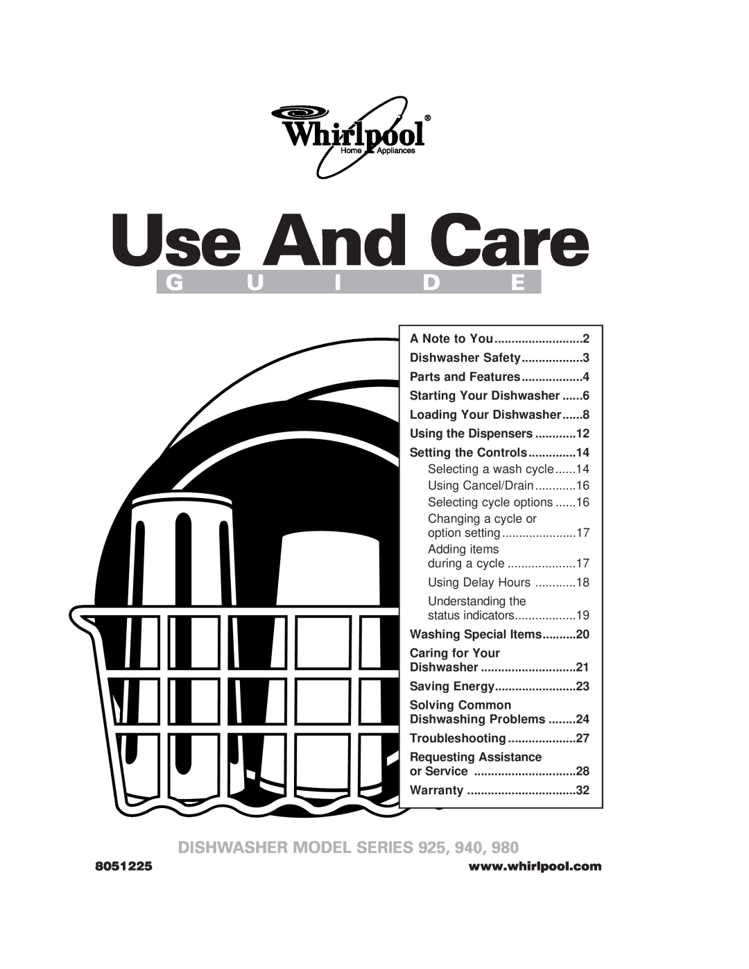 Whirlpool 980 warranty Use And Care, Dishwasher Model Series 