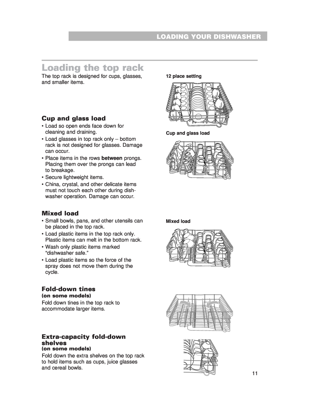 Whirlpool 980 Loading the top rack, Cup and glass load, Fold-downtines, Extra-capacity fold-downshelves, Mixed load 