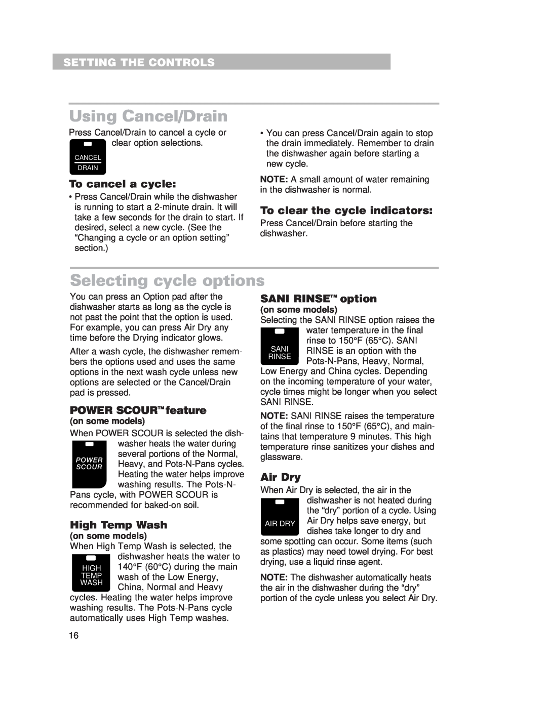 Whirlpool 980 Using Cancel/Drain, Selecting cycle options, To cancel a cycle, To clear the cycle indicators, Air Dry 