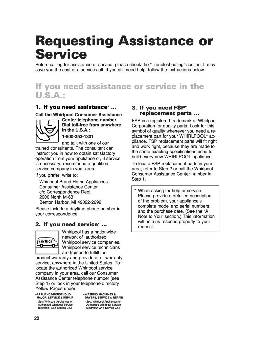 Whirlpool 980 Requesting Assistance or Service, If you need assistance or service in the U.S.A, If you need assistance* … 