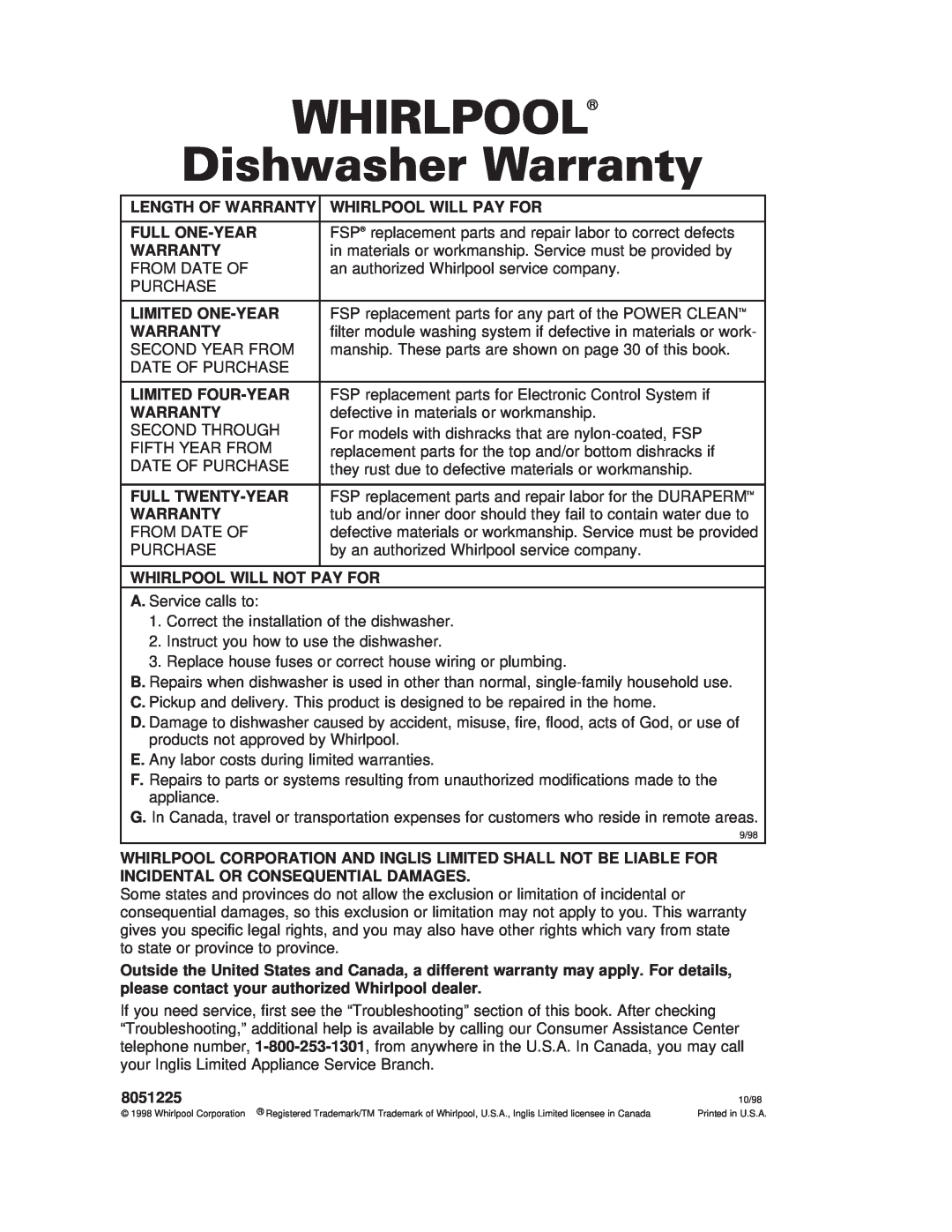 Whirlpool 980 warranty WHIRLPOOL Dishwasher Warranty 