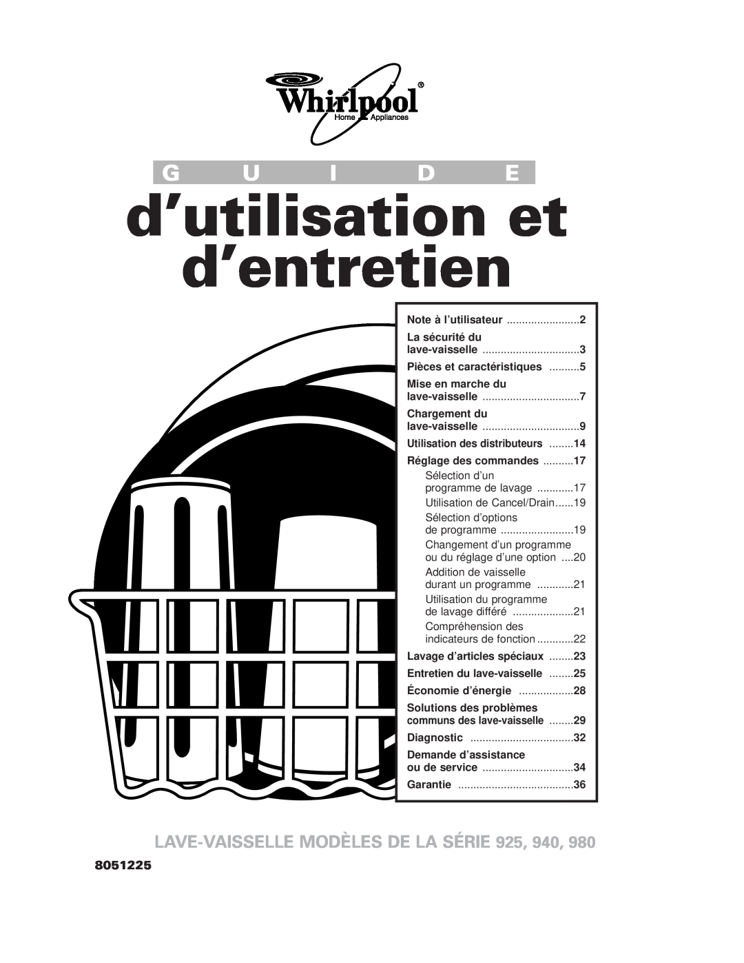 Whirlpool 980 8051225, d’utilisation et, d’entretien, Lave-Vaissellemodèles De La Série, Note à l’utilisateur, Diagnostic 