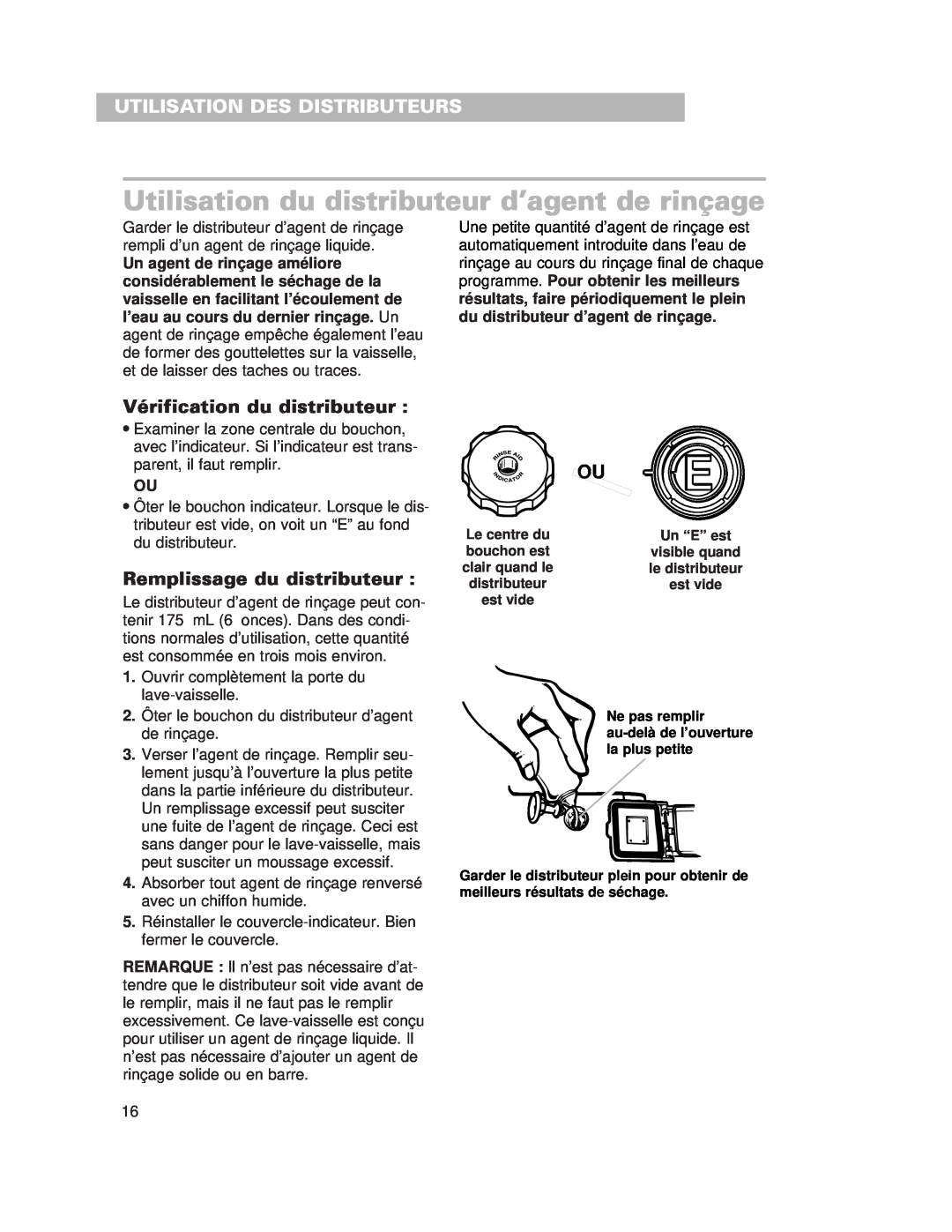 Whirlpool 980 Utilisation du distributeur d’agent de rinçage, Vérification du distributeur, Remplissage du distributeur 