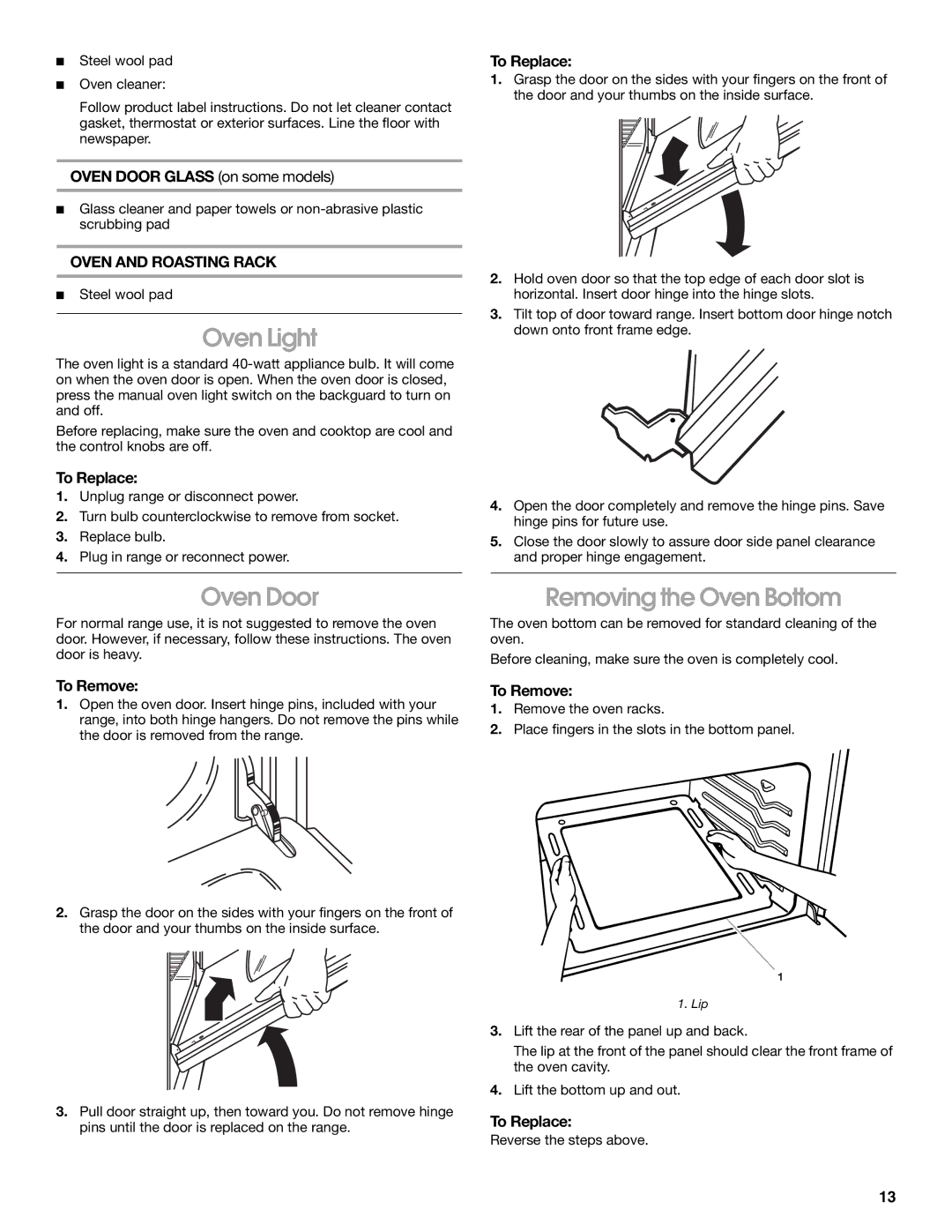 Whirlpool 98012565 manual Oven Light, Oven Door, Removing the Oven Bottom, Oven and Roasting Rack 