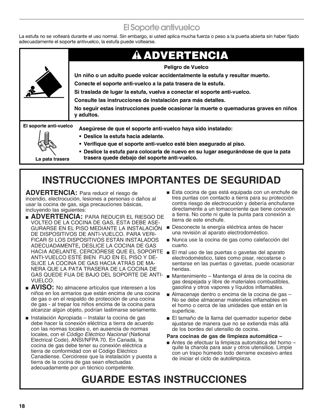 Whirlpool 98012565 manual Advertencia, El Soporte antivuelco 