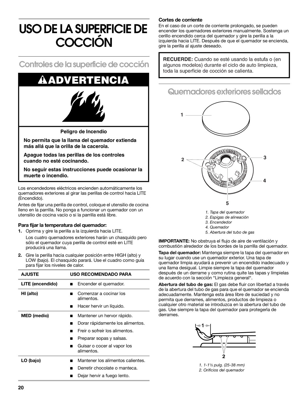 Whirlpool 98012565 Cocción, Controles de la superficie de cocción, Quemadores exteriores sellados, Cortes de corriente 