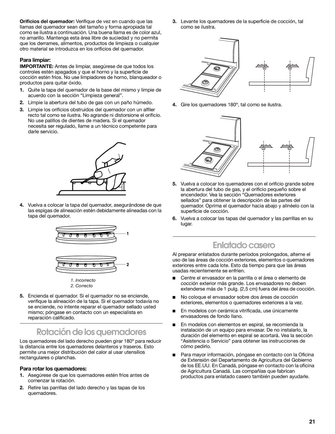 Whirlpool 98012565 manual Rotación de los quemadores, Enlatado casero, Para limpiar, Para rotar los quemadores 