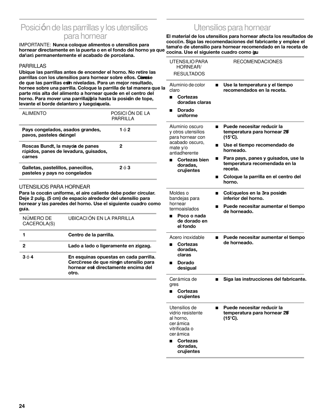 Whirlpool 98012565 manual Posición de las parrillas y los utensilios Para hornear, Utensilios para hornear, Parrillas 