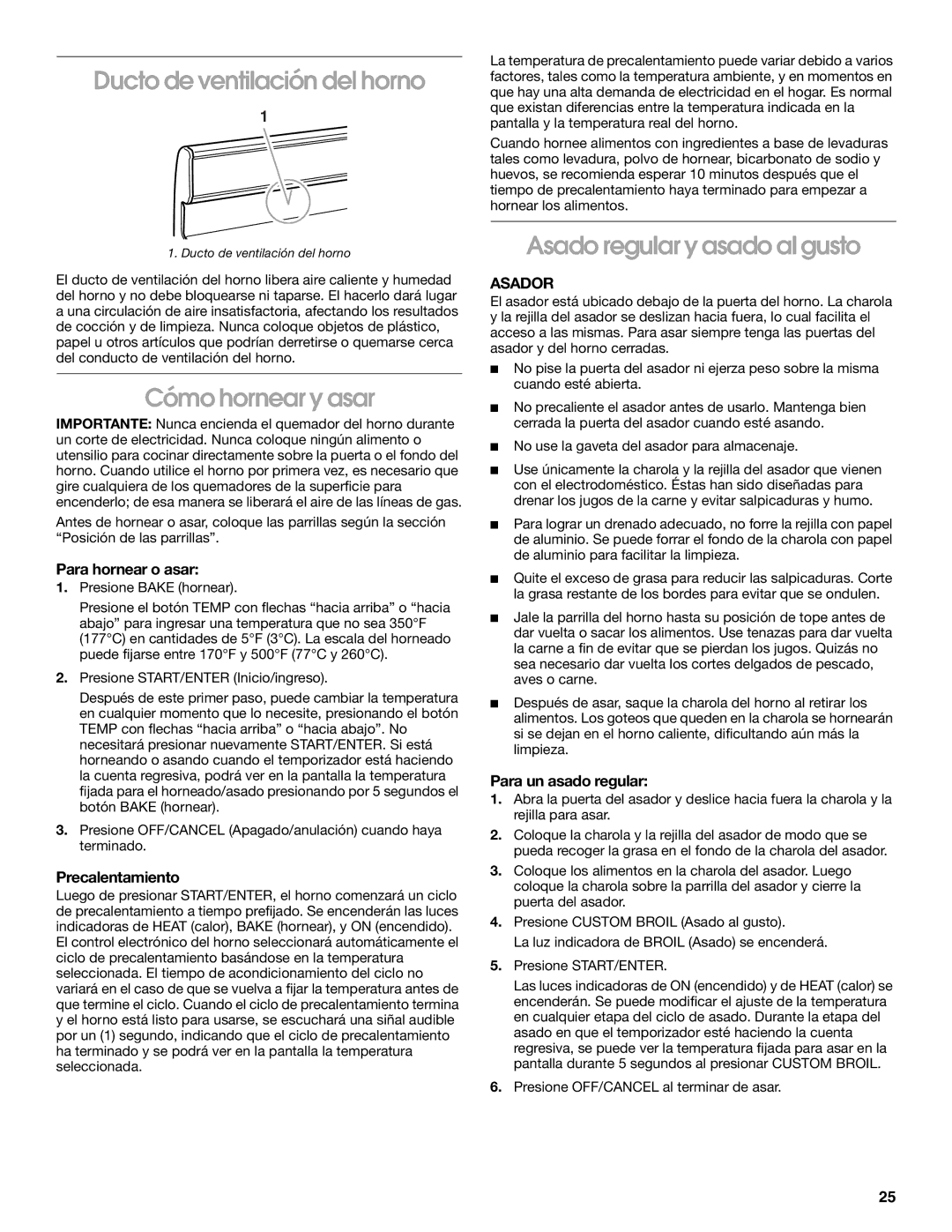 Whirlpool 98012565 manual Ducto de ventilación del horno, Cómo hornear y asar, Asado regular y asado al gusto, Asador 