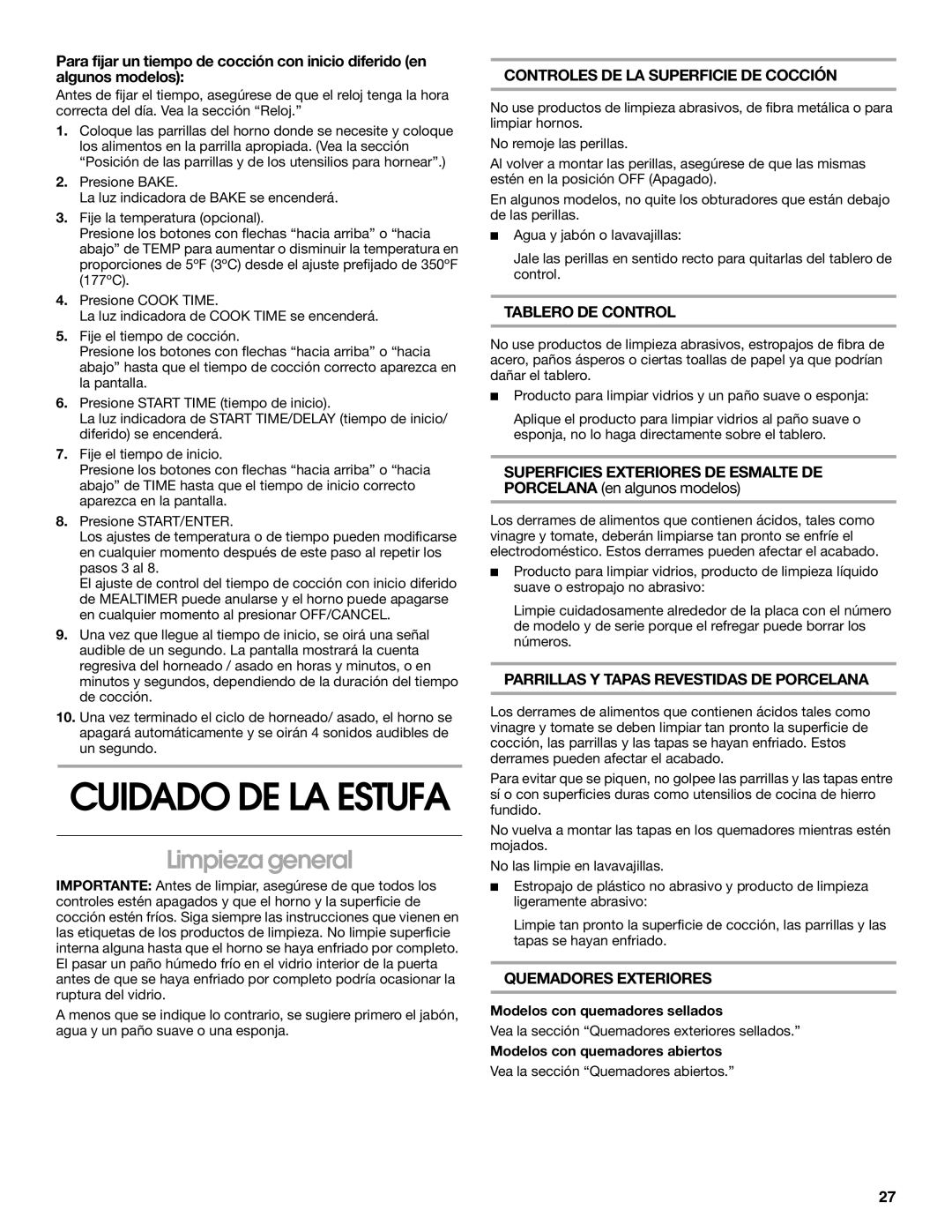 Whirlpool 98012565 Limpieza general, Controles DE LA Superficie DE Cocción, Tablero DE Control, Quemadores Exteriores 