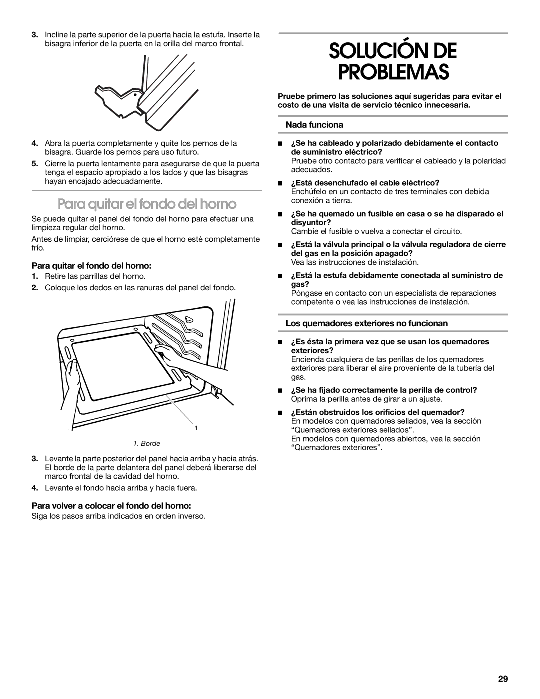 Whirlpool 98012565 manual Solución DE Problemas, Para quitar el fondo del horno 