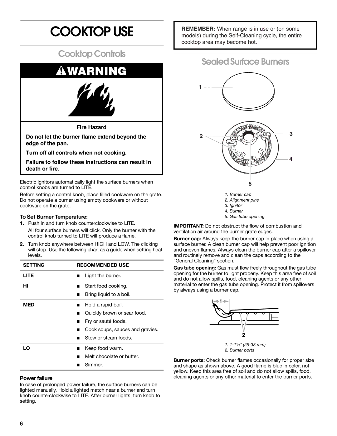 Whirlpool 98012565 manual Cooktop USE, Cooktop Controls, Sealed Surface Burners, To Set Burner Temperature, Power failure 