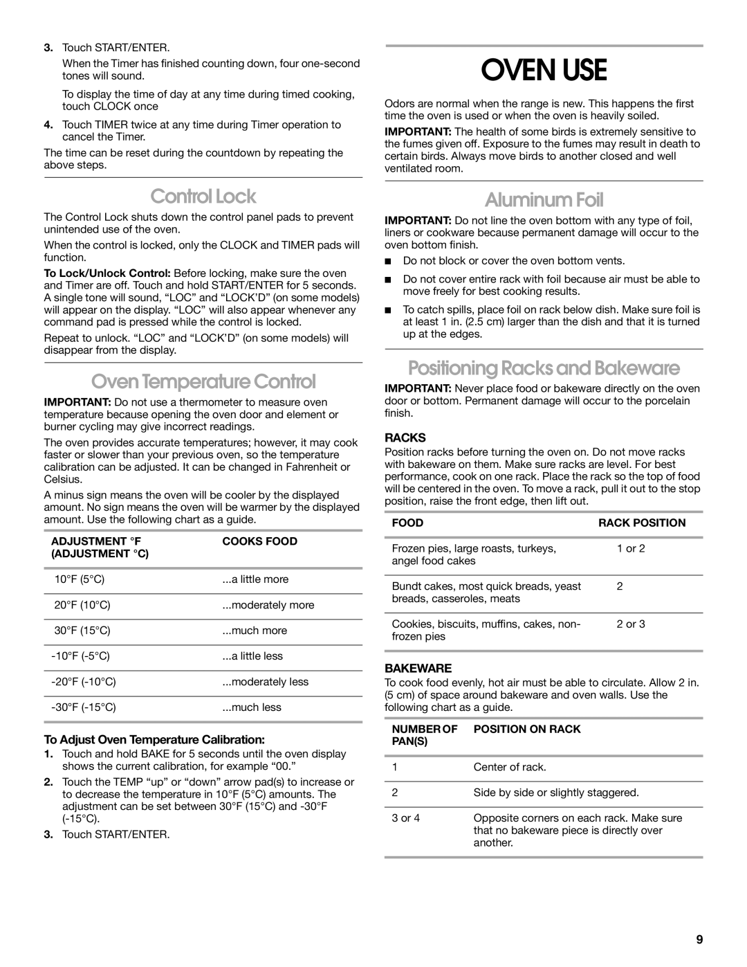 Whirlpool 98012565 manual Oven USE, Control Lock, Oven Temperature Control, Aluminum Foil, Positioning Racks and Bakeware 