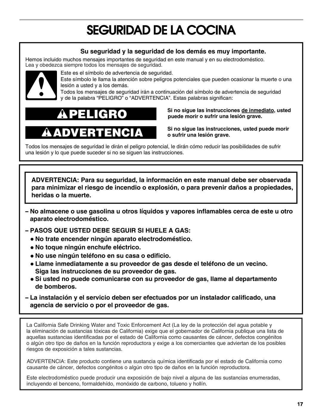 Whirlpool 98012565 manual Seguridad De La Cocina, Peligro, Advertencia 