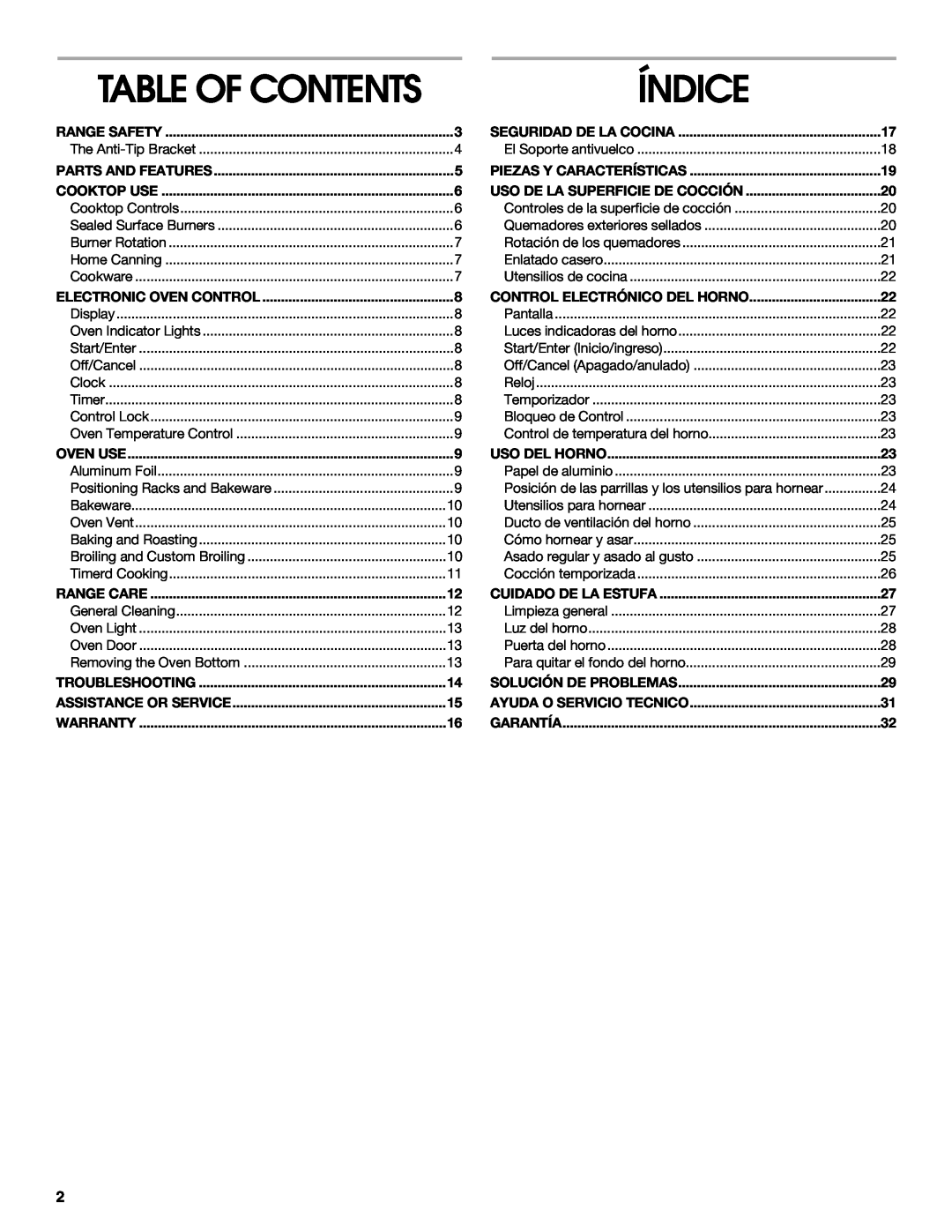 Whirlpool 98012565 manual Índice, Table Of Contents 