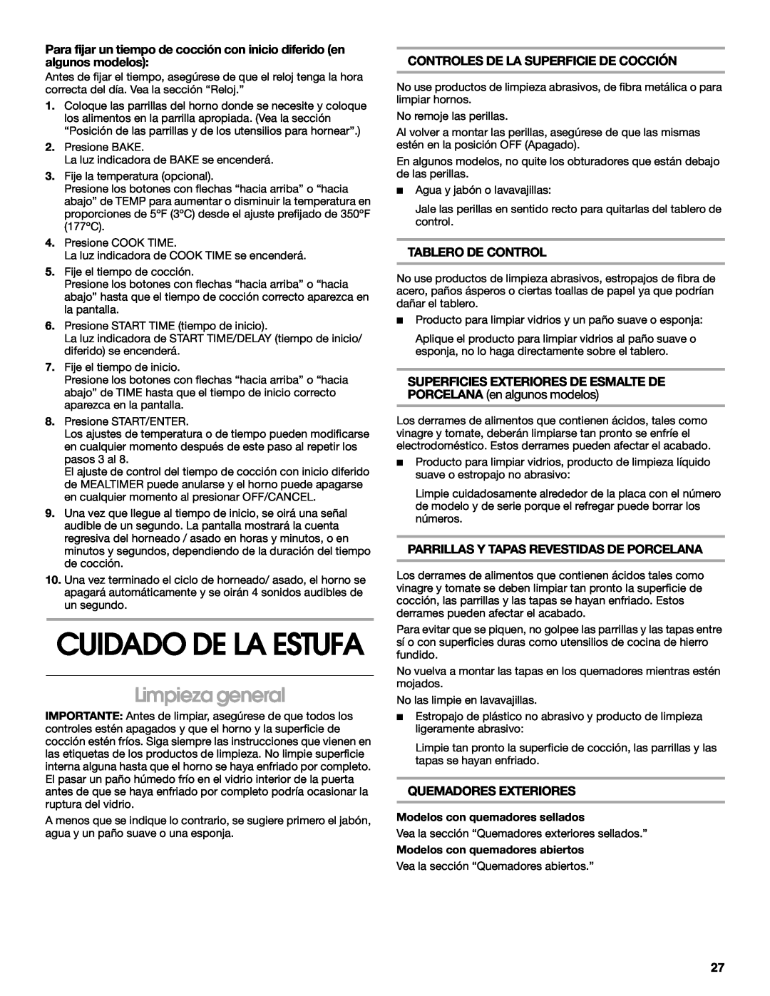 Whirlpool 98012565 manual Cuidado De La Estufa, Limpieza general, Controles De La Superficie De Cocción, Tablero De Control 