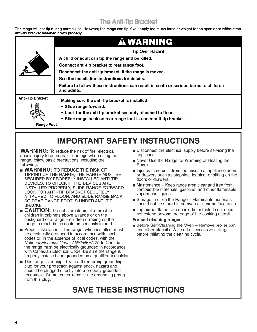 Whirlpool 98012565 Important Safety Instructions, Save These Instructions, The Anti-Tip Bracket, For self-cleaning ranges 