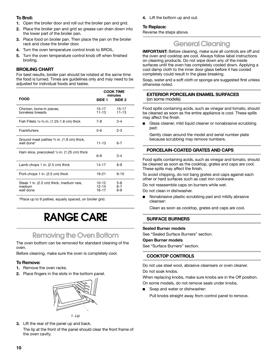 Whirlpool 98014840 manual Range Care, Removing the Oven Bottom, General Cleaning 