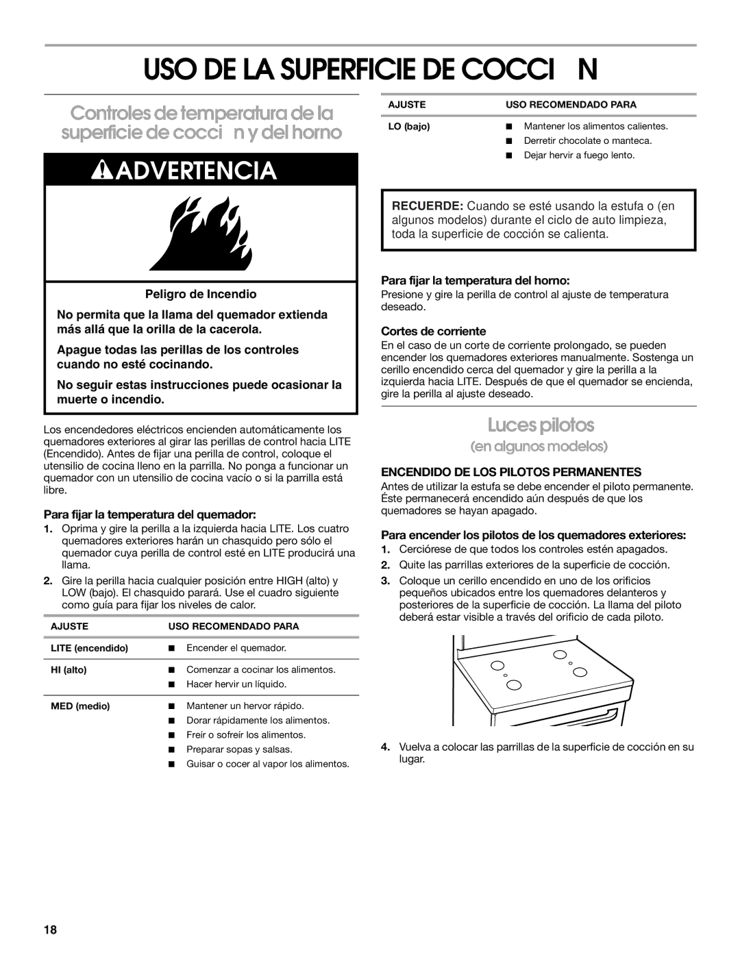 Whirlpool 98014840 manual USO DE LA Superficie DE Cocción, Luces pilotos, Encendido DE LOS Pilotos Permanentes 