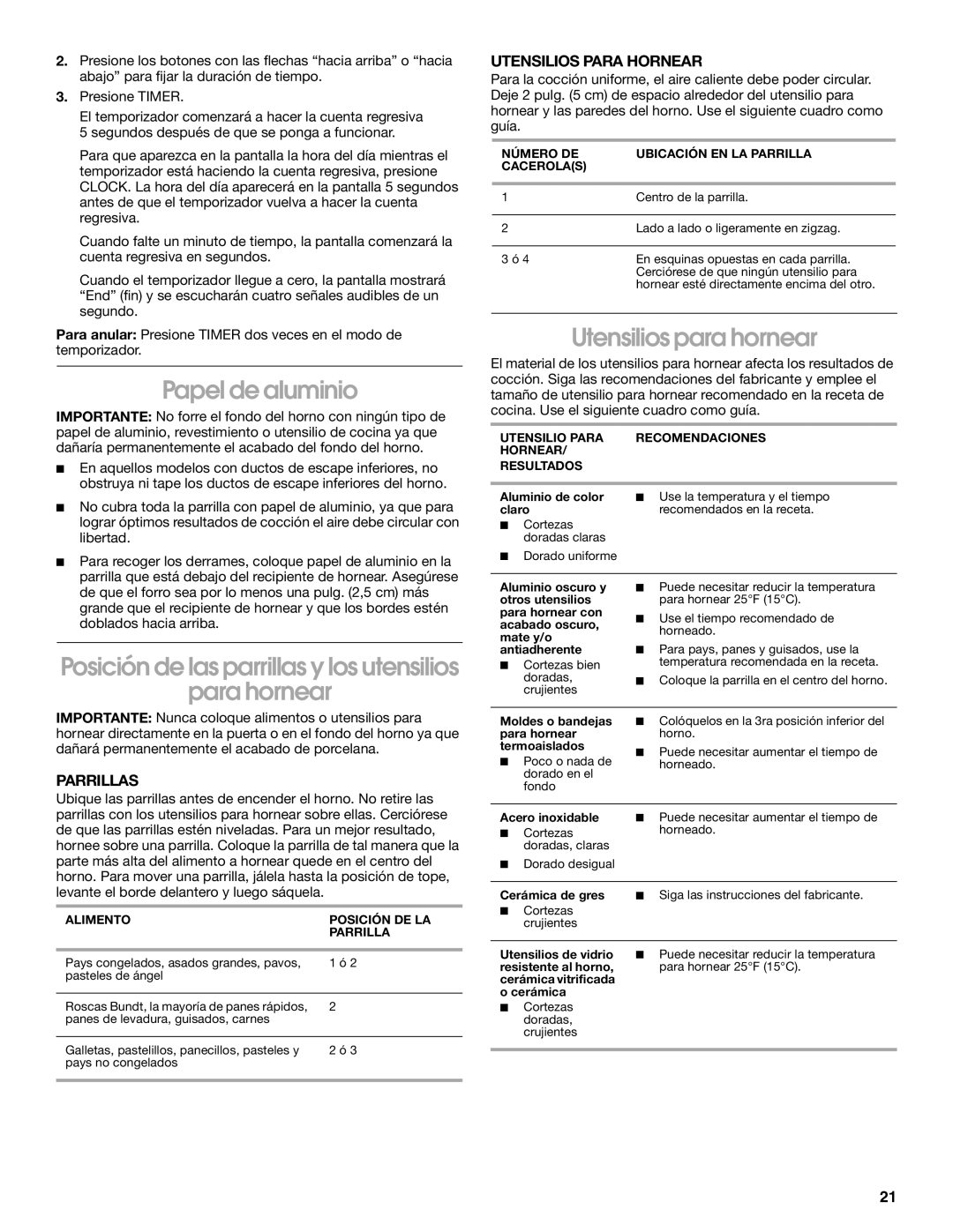 Whirlpool 98014840 Papel de aluminio, Posición de las parrillas y los utensilios Para hornear, Utensilios para hornear 