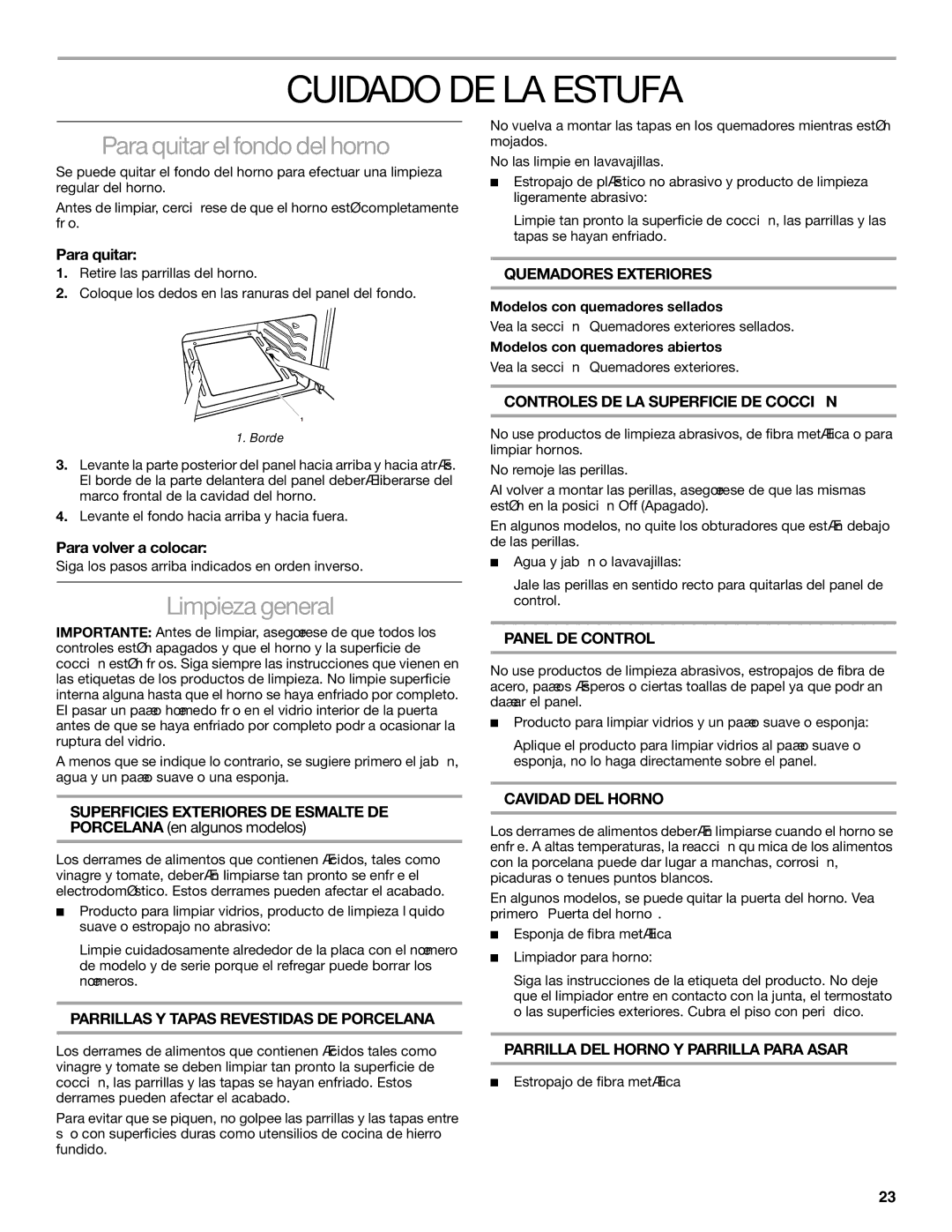 Whirlpool 98014840 manual Cuidado DE LA Estufa, Para quitar el fondo del horno, Limpieza general 