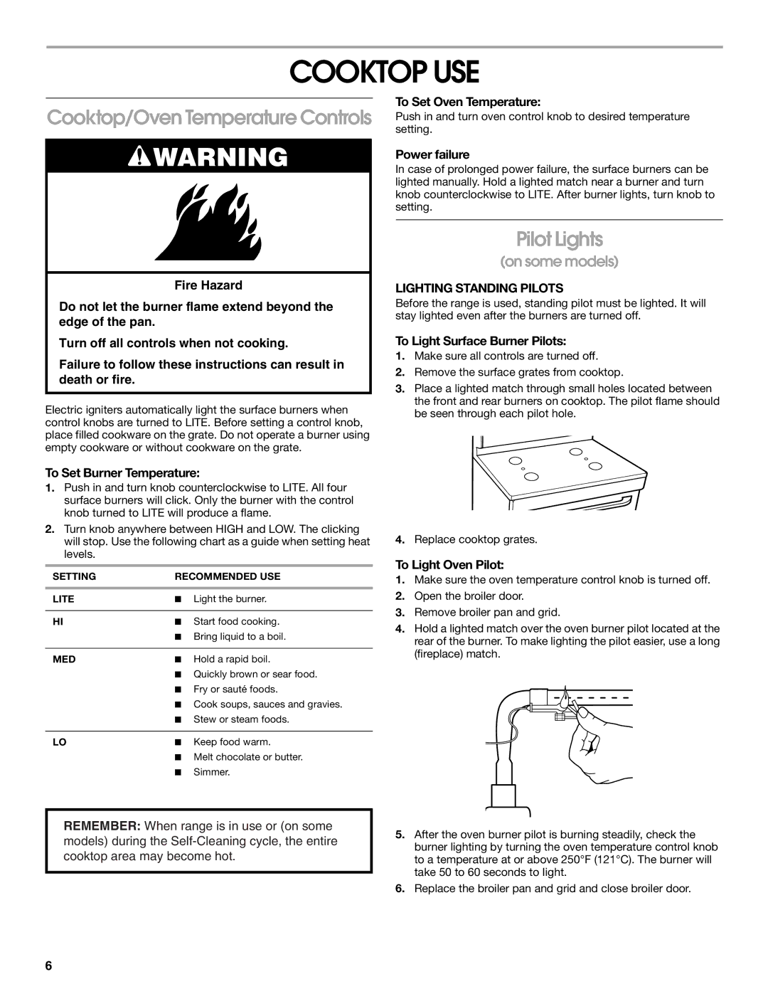 Whirlpool 98014840 manual Cooktop USE, Cooktop/Oven Temperature Controls, Pilot Lights, Lighting Standing Pilots 