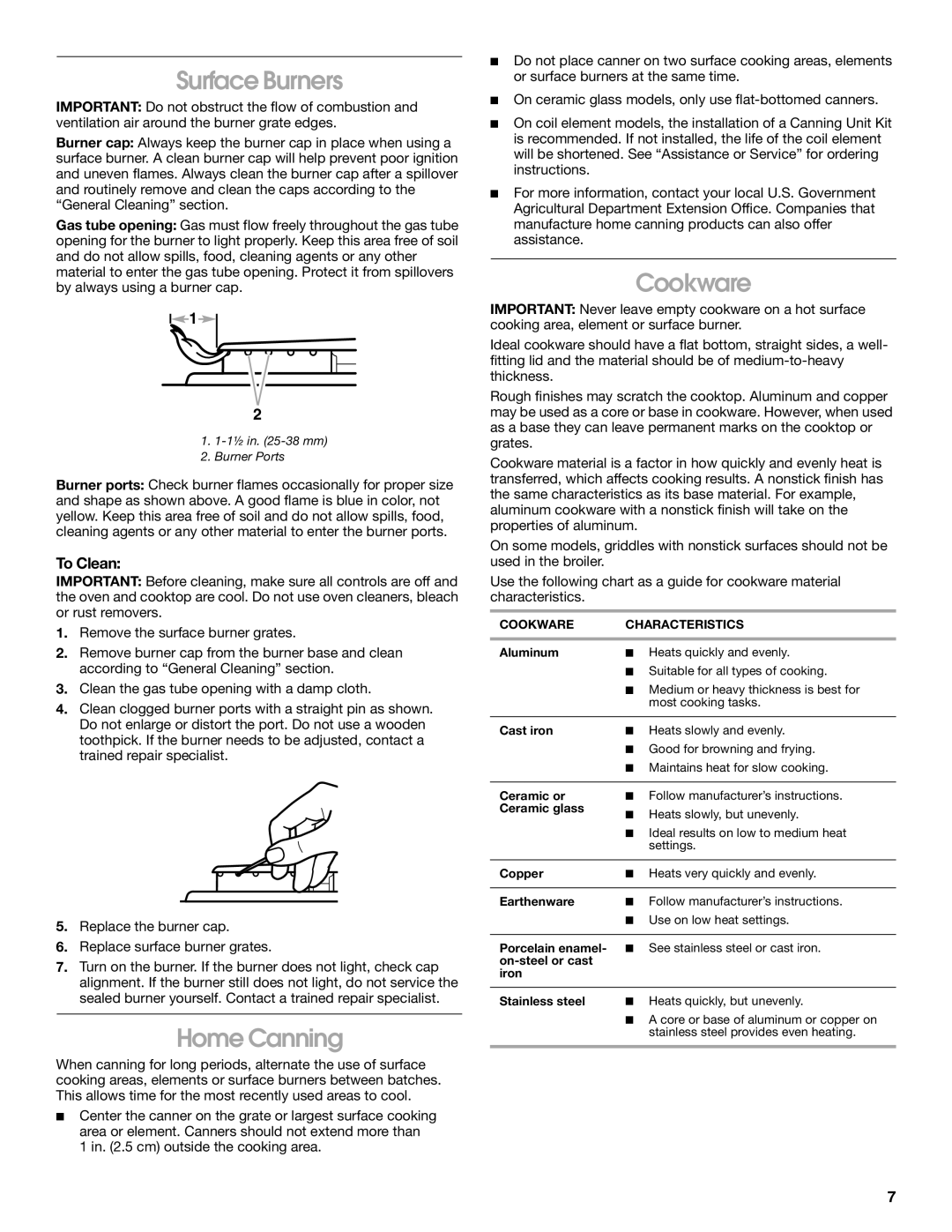 Whirlpool 98014840 manual Surface Burners, Home Canning, To Clean, Cookware Characteristics 