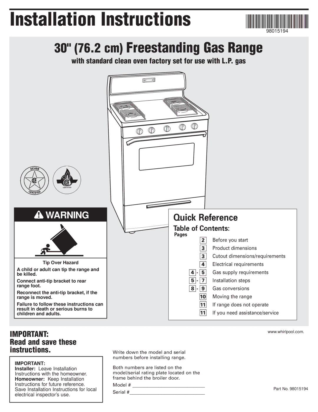 Whirlpool 98015194 installation instructions Installation Instructions 