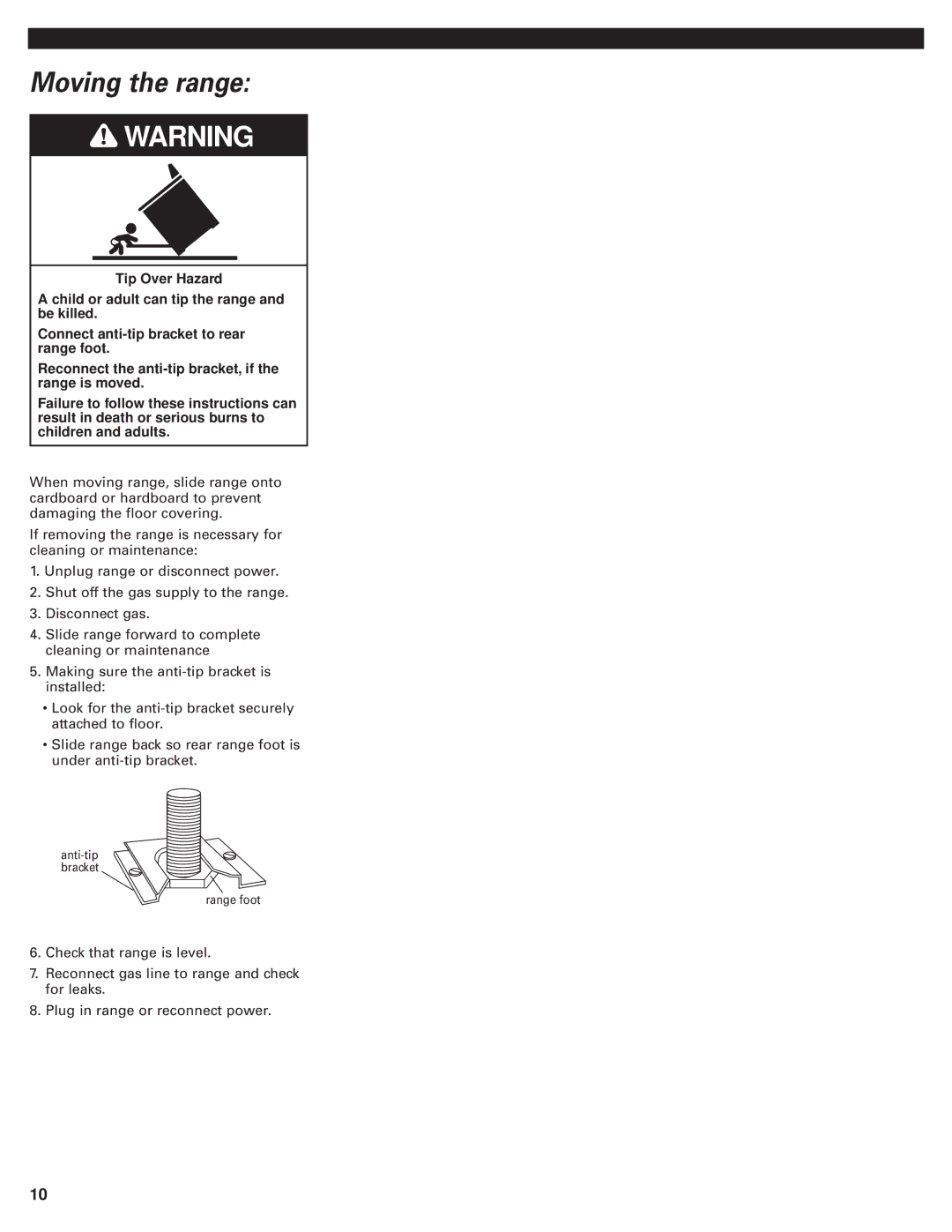 Whirlpool 98015194 installation instructions Moving the range 