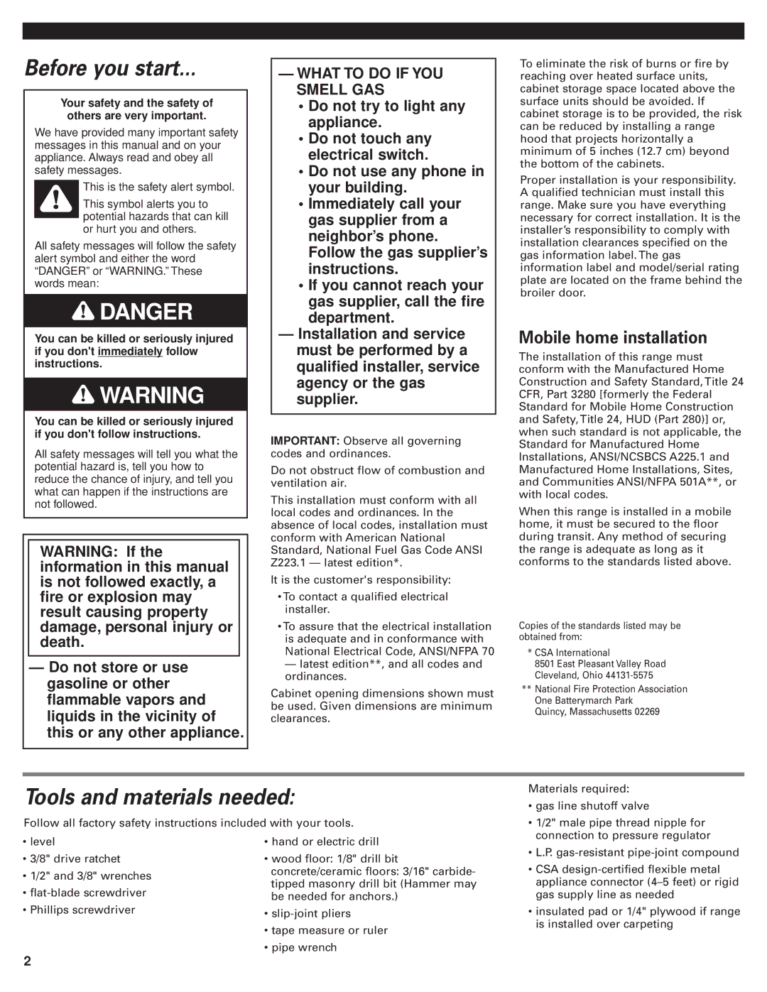 Whirlpool 98015194 installation instructions Before you start, Tools and materials needed 